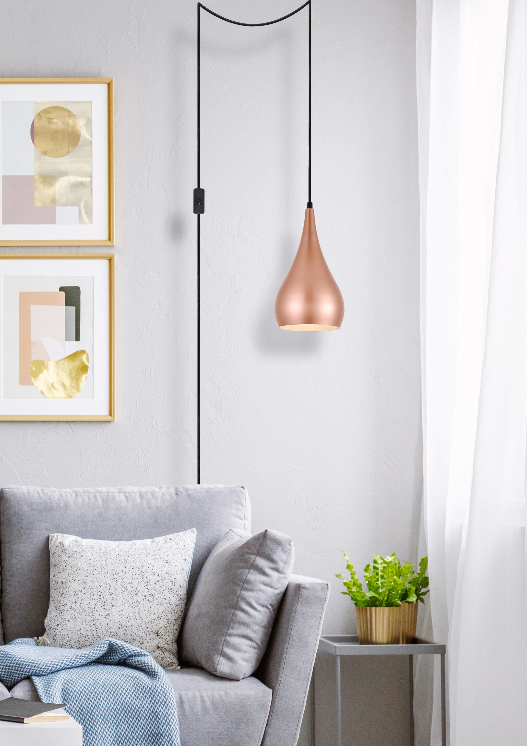 Living District Nora 1 Light Honey Gold Plug-In Pendant, Honey Gold, large