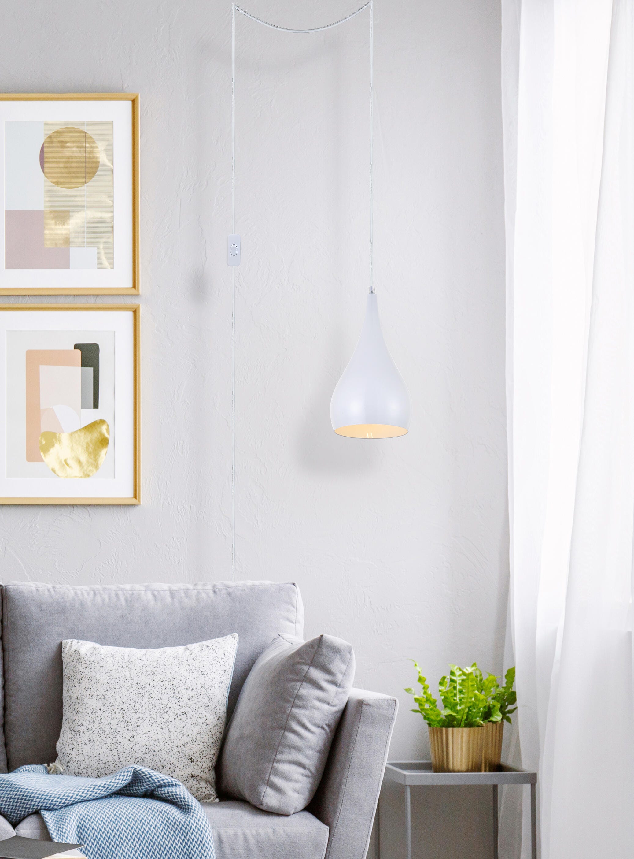 Living District Nora 1 Light White Plug-In Pendant, , large
