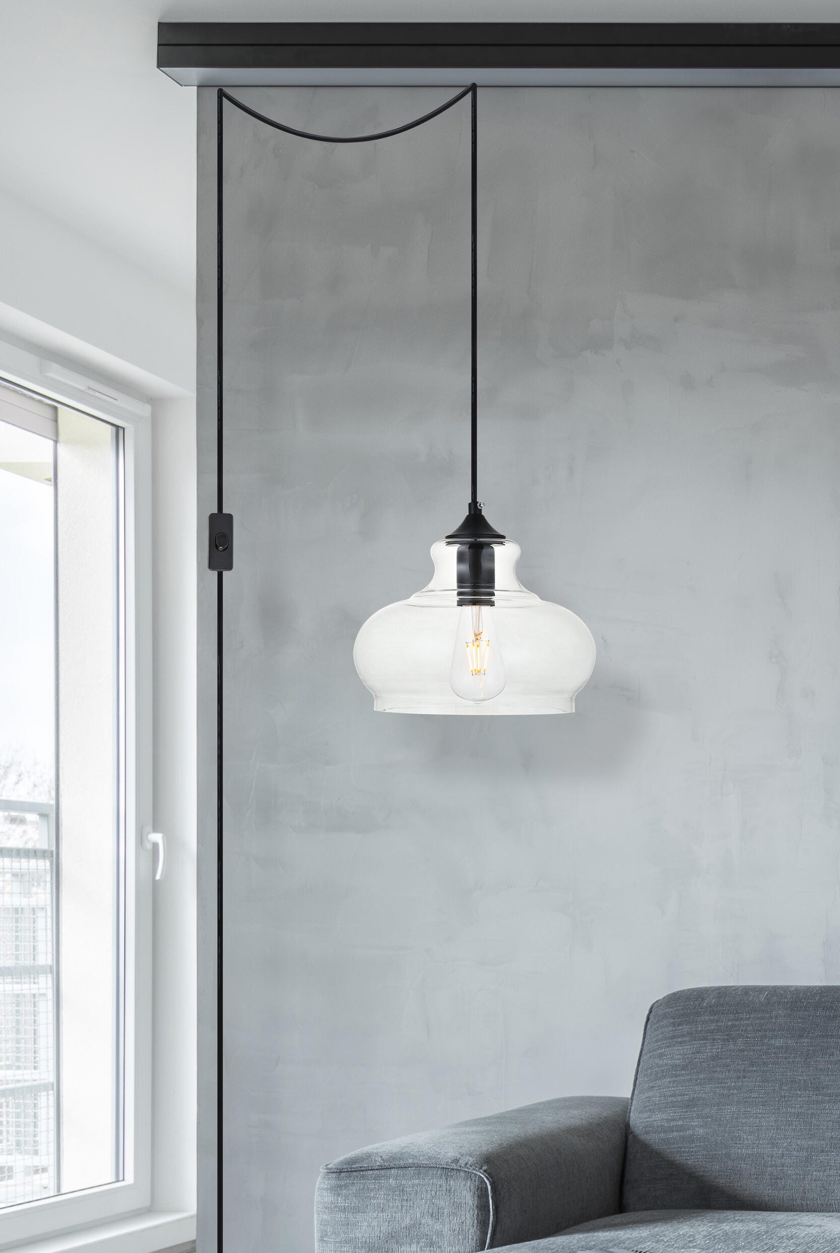 Living District Destry 1 Light Black Plug-In Pendant With Clear Glass, Black, large