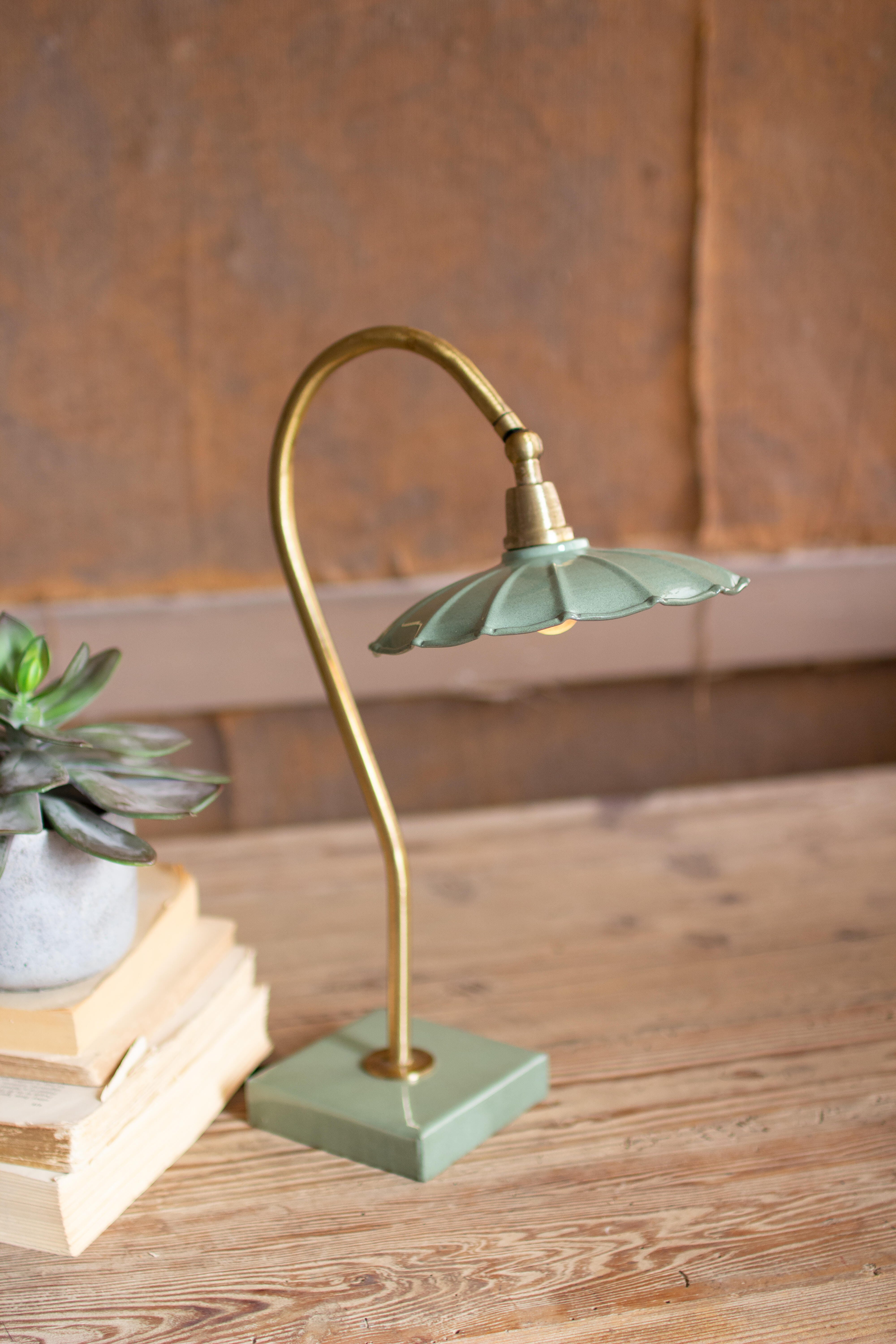 Kalalou Antique Brass Goose Neck Table Lamp with Enamel Shade, , rollover
