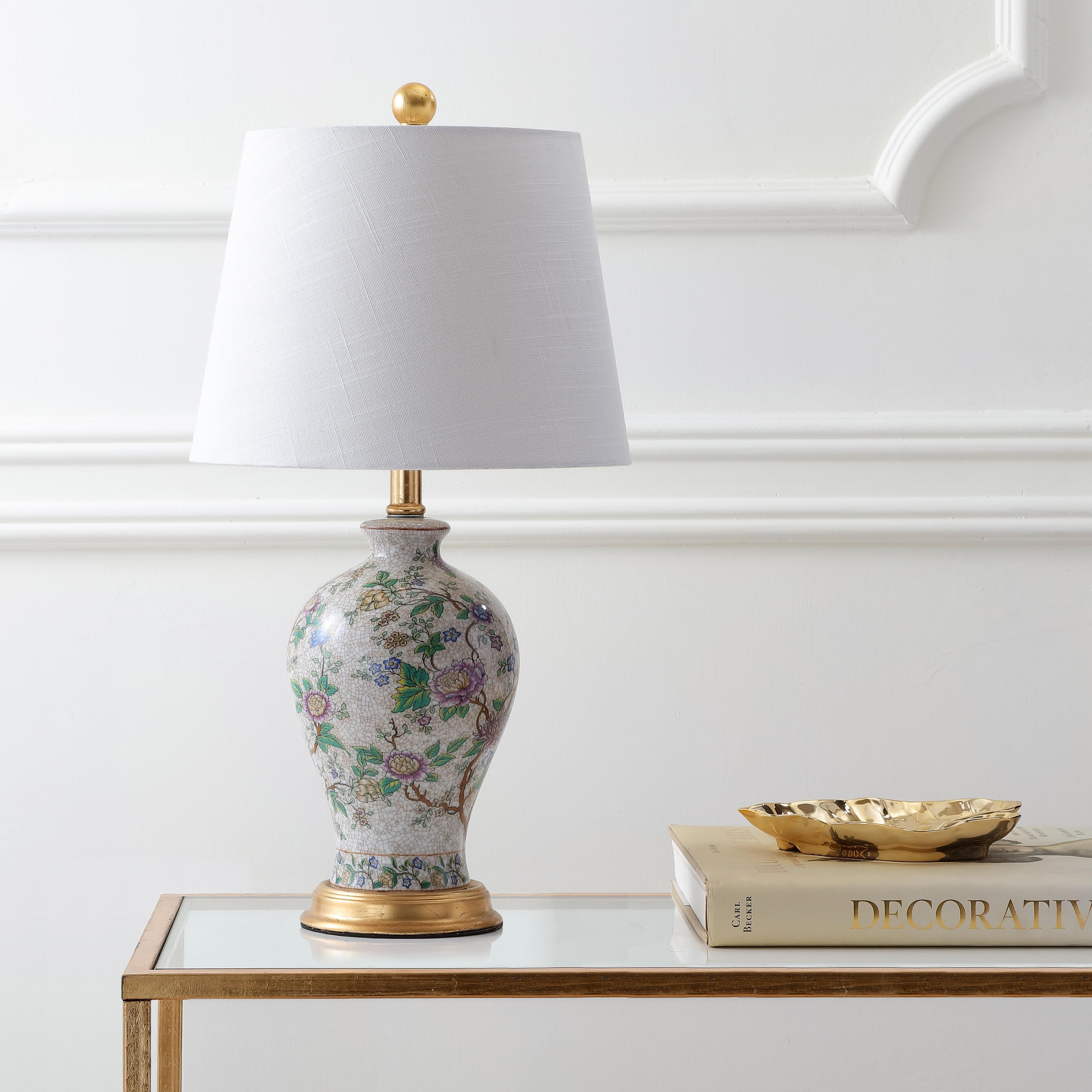 JONATHAN Y Grace 24" Floral LED Table Lamp, Multi/Brass, Blue/White, large