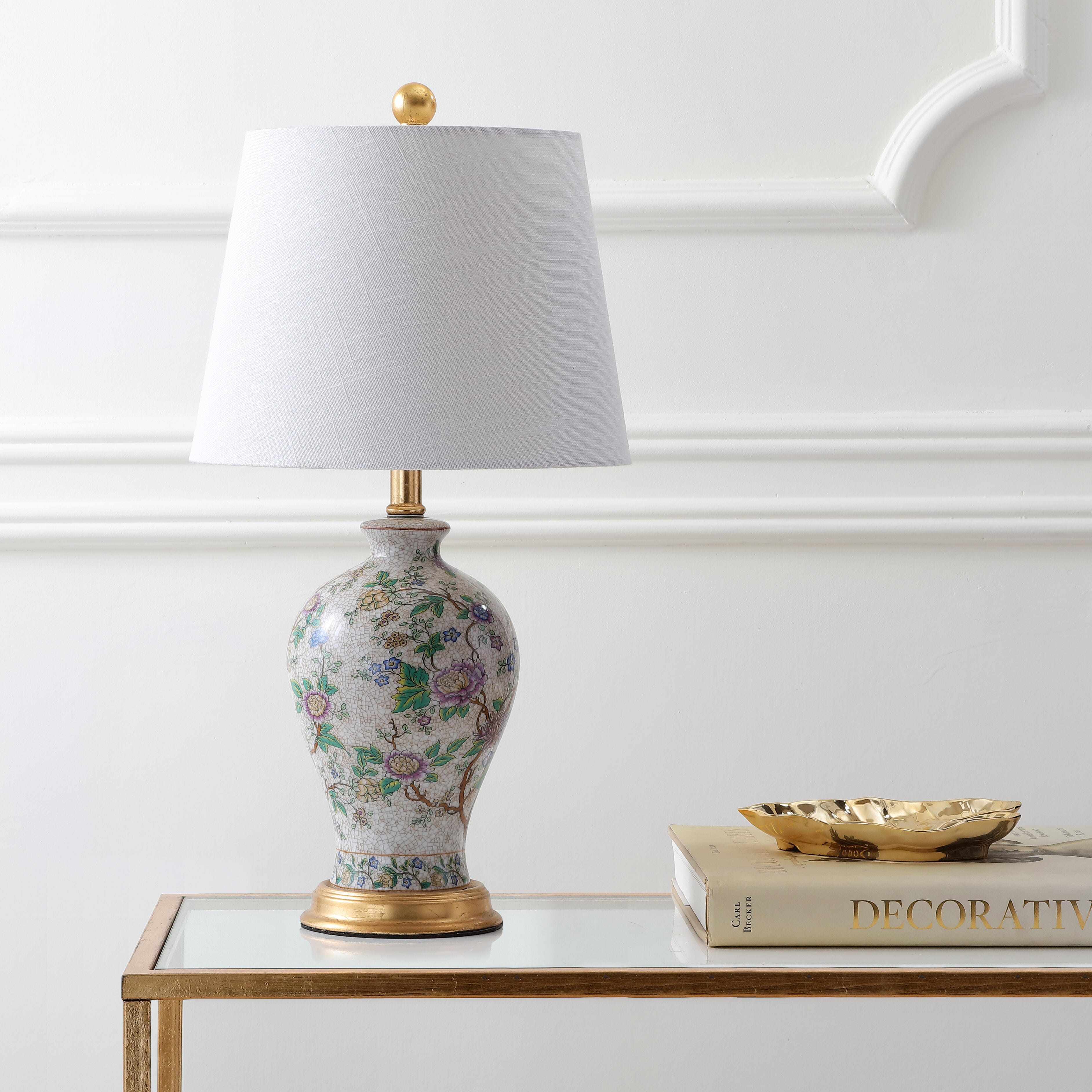 JONATHAN Y Grace 24" Floral LED Table Lamp, Multi/Brass, Blue/White, large