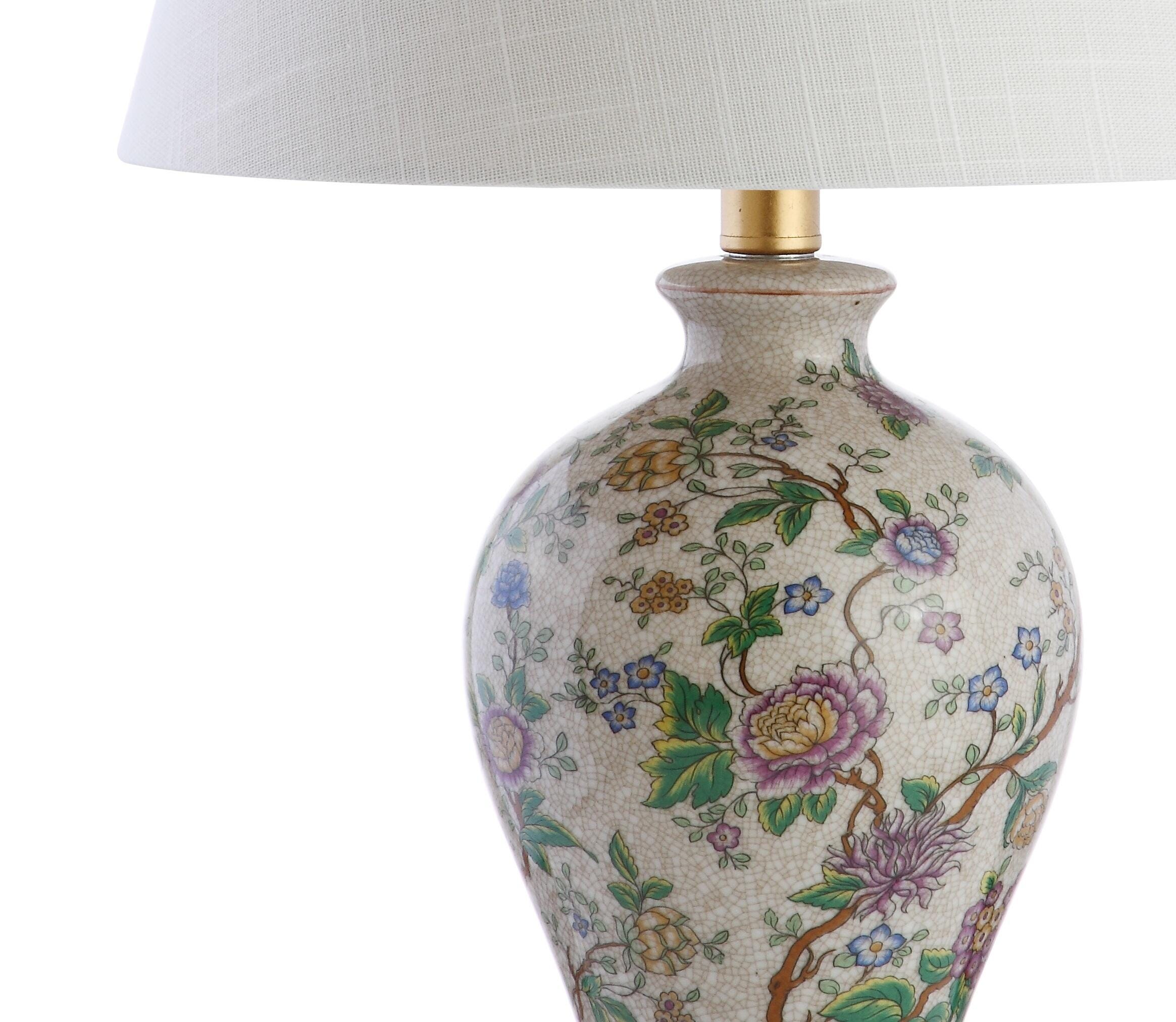 JONATHAN Y Grace 24" Floral LED Table Lamp, Multi/Brass, Blue/White, large