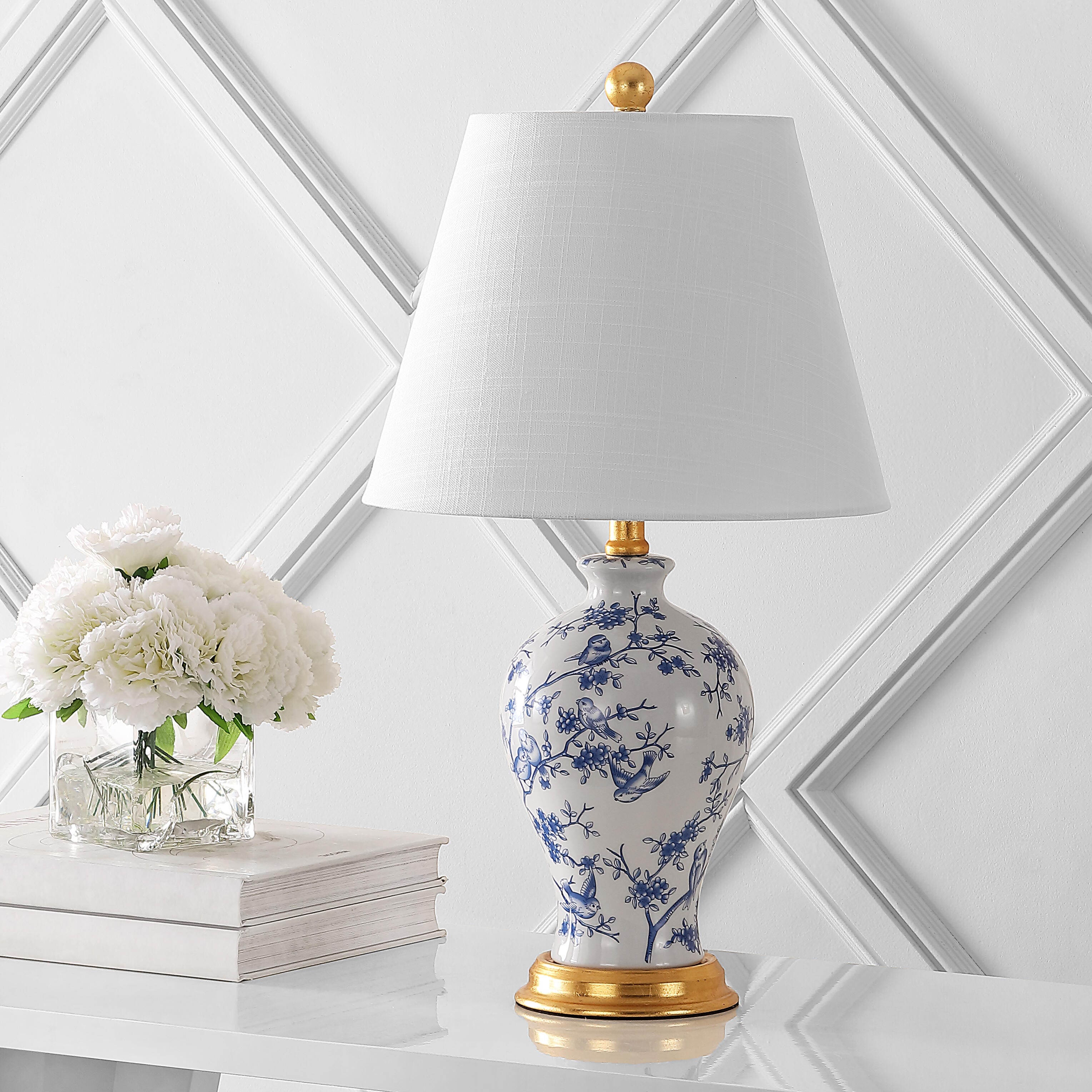 JONATHAN Y Grace 24" Floral Classic LED Table Lamp, Blue/White, Navy/White, large