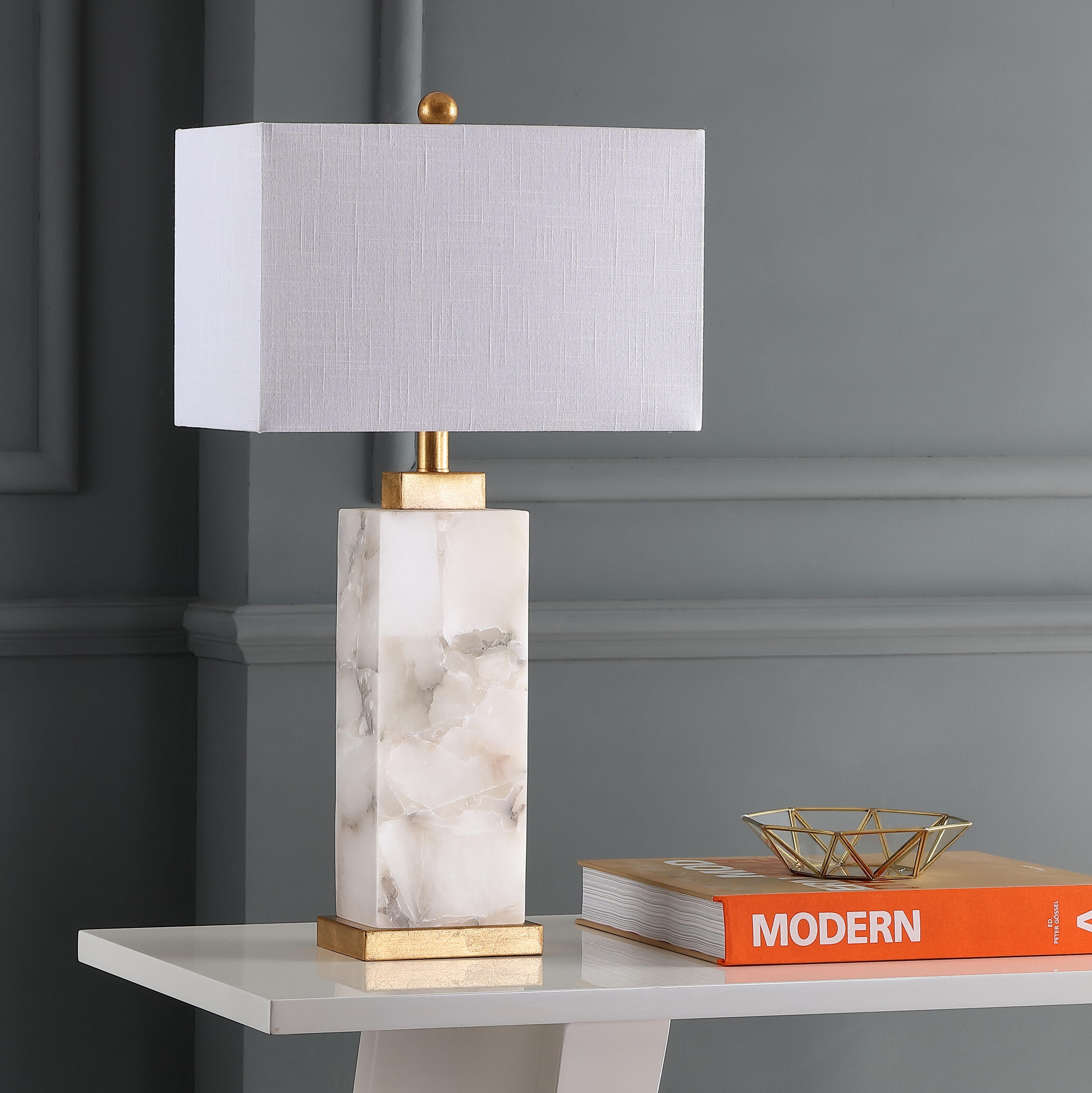 JONATHAN Y Elizabeth 27.5" Alabaster LED Table Lamp, White/Gold Leaf, , large