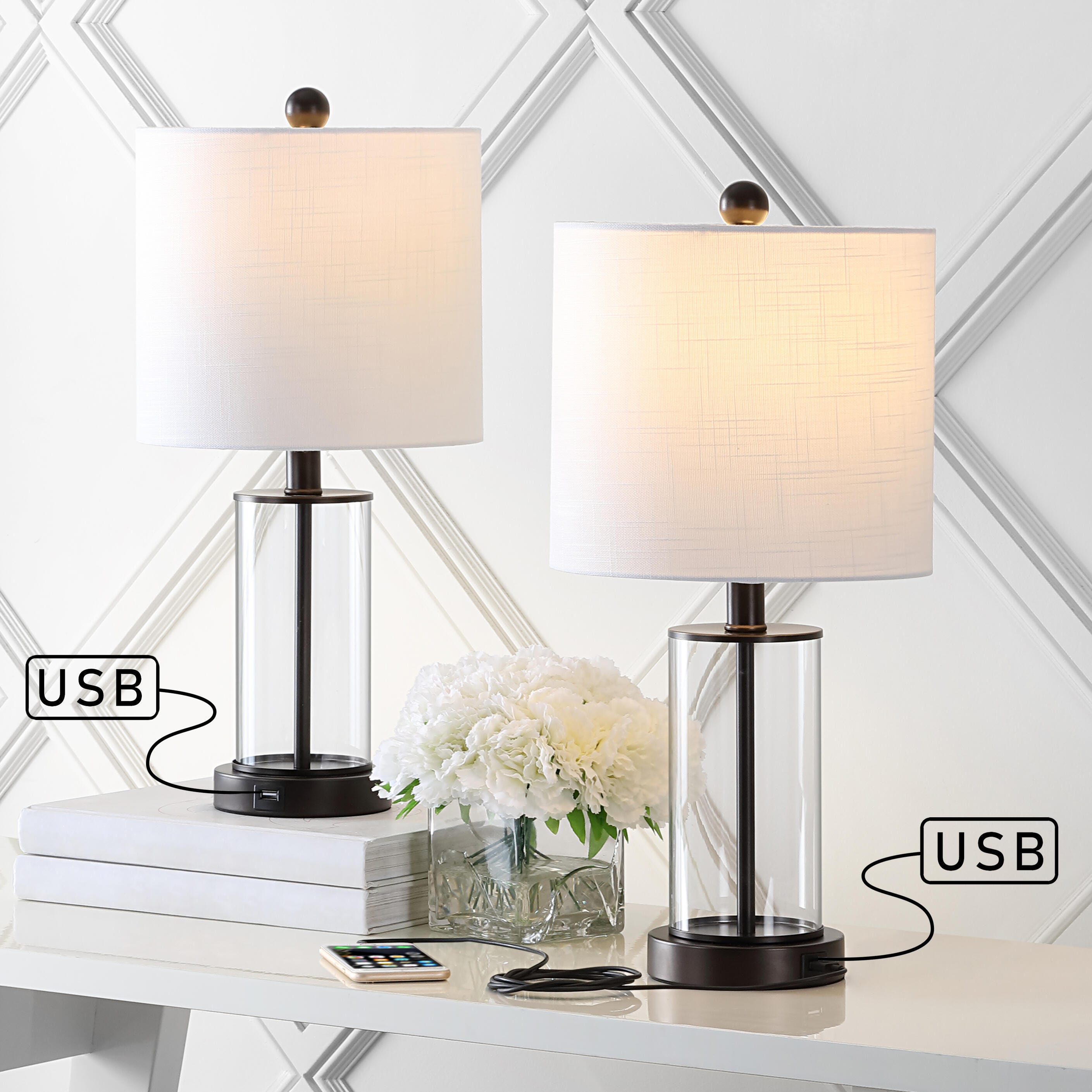 JONATHAN Y Abner USB Charging LED Table Lamp (Set of 2), White/Chrome, large