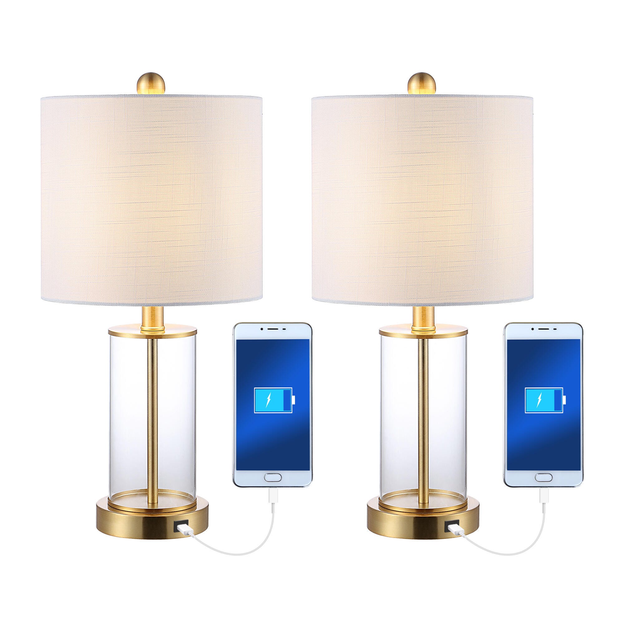 JONATHAN Y Abner Table Lamp with USB, White/Brass Gold/White, large
