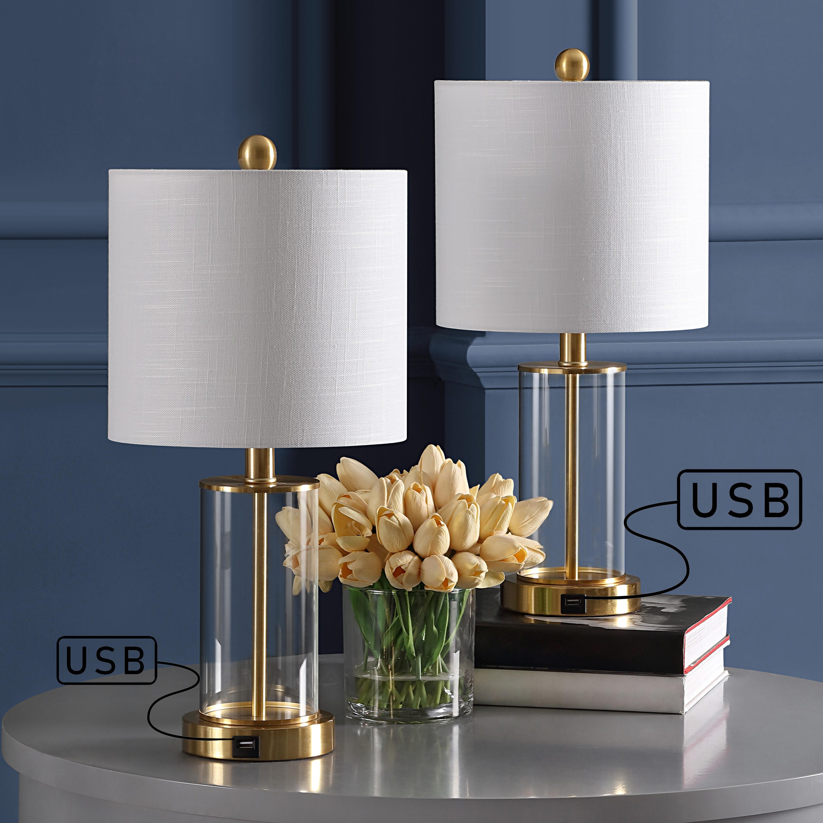 JONATHAN Y Abner Table Lamp with USB, White/Brass Gold/White, large