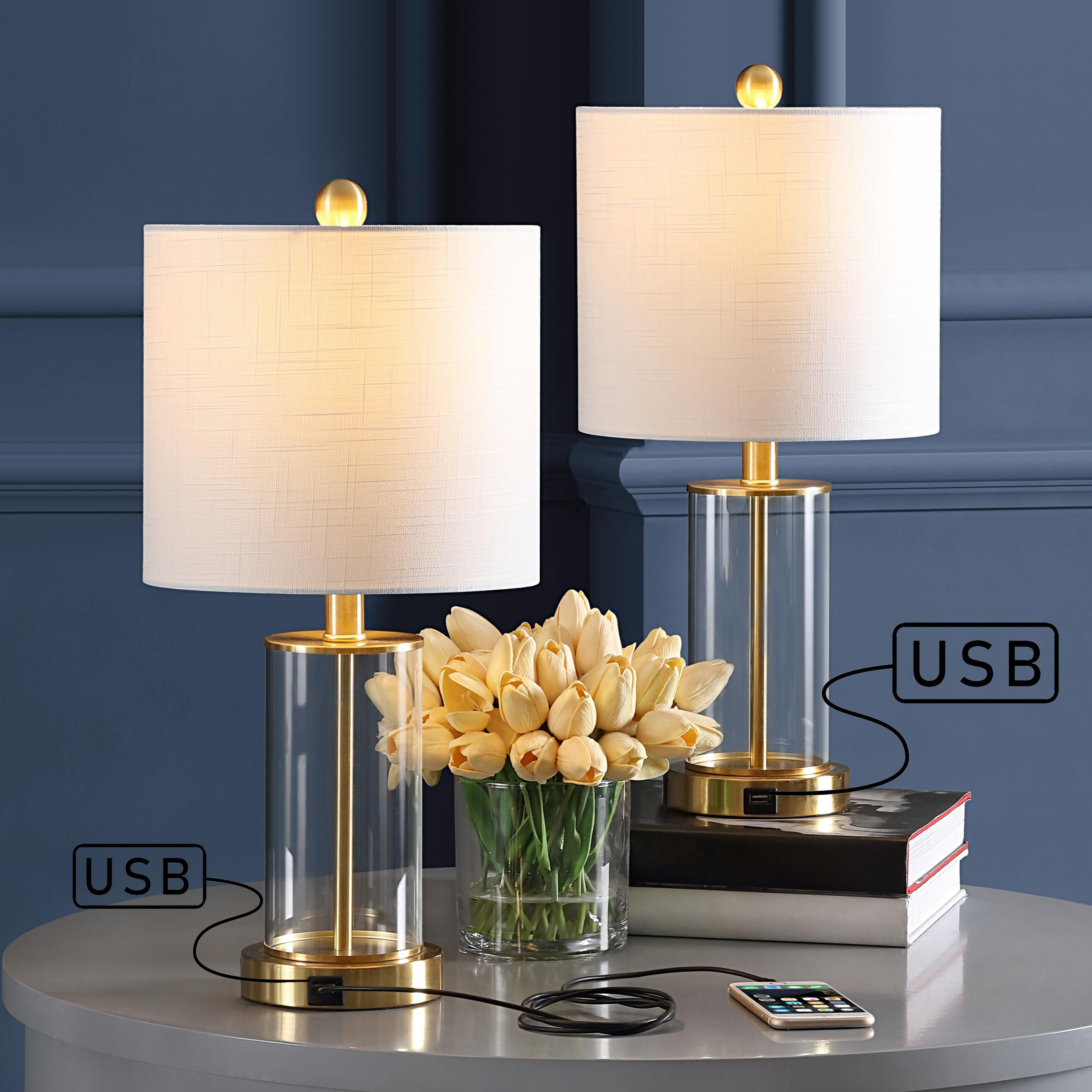 JONATHAN Y Abner Table Lamp with USB, White/Brass Gold/White, large