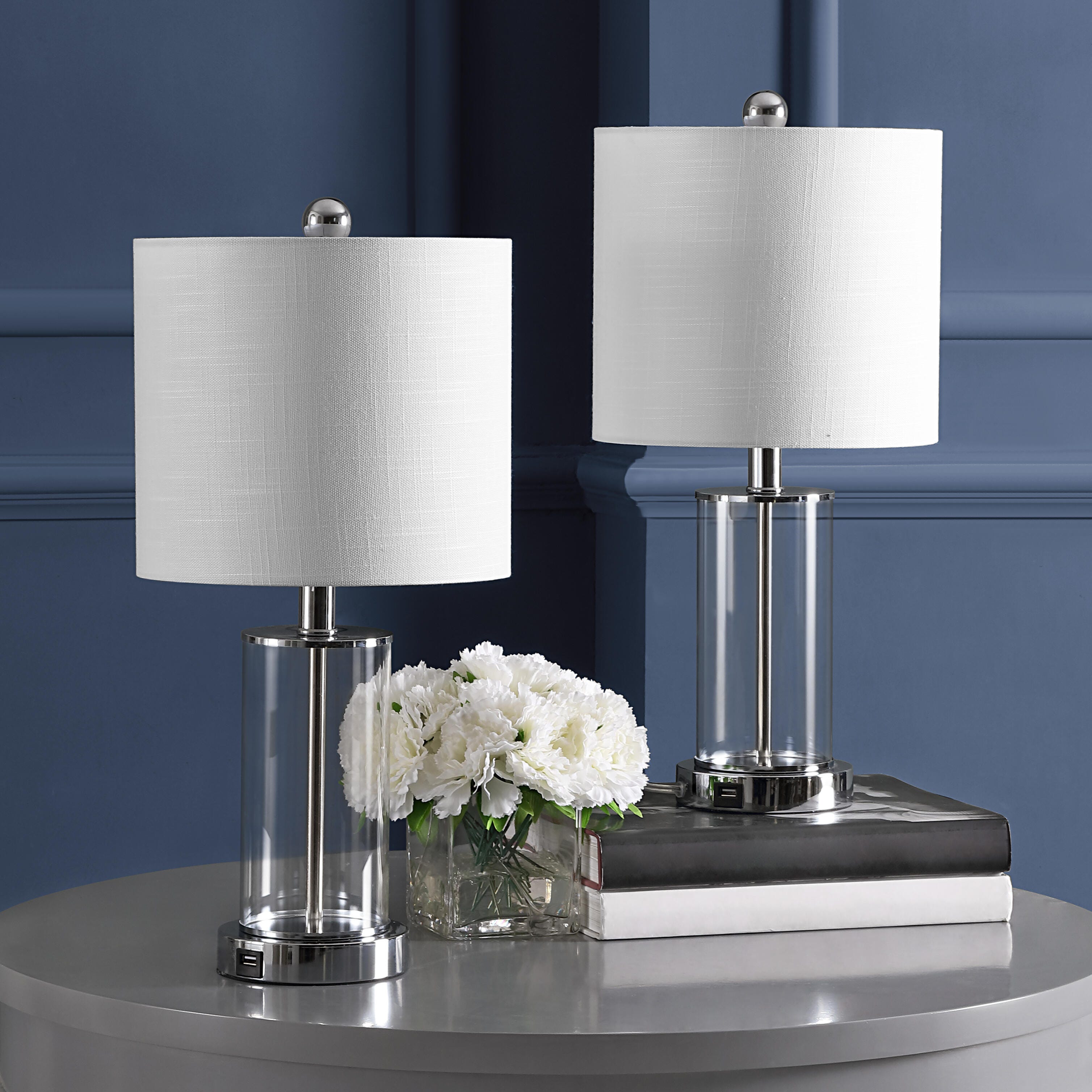 JONATHAN Y Abner USB Charging LED Table Lamp (Set of 2), Navy/Brass Gold/White, large