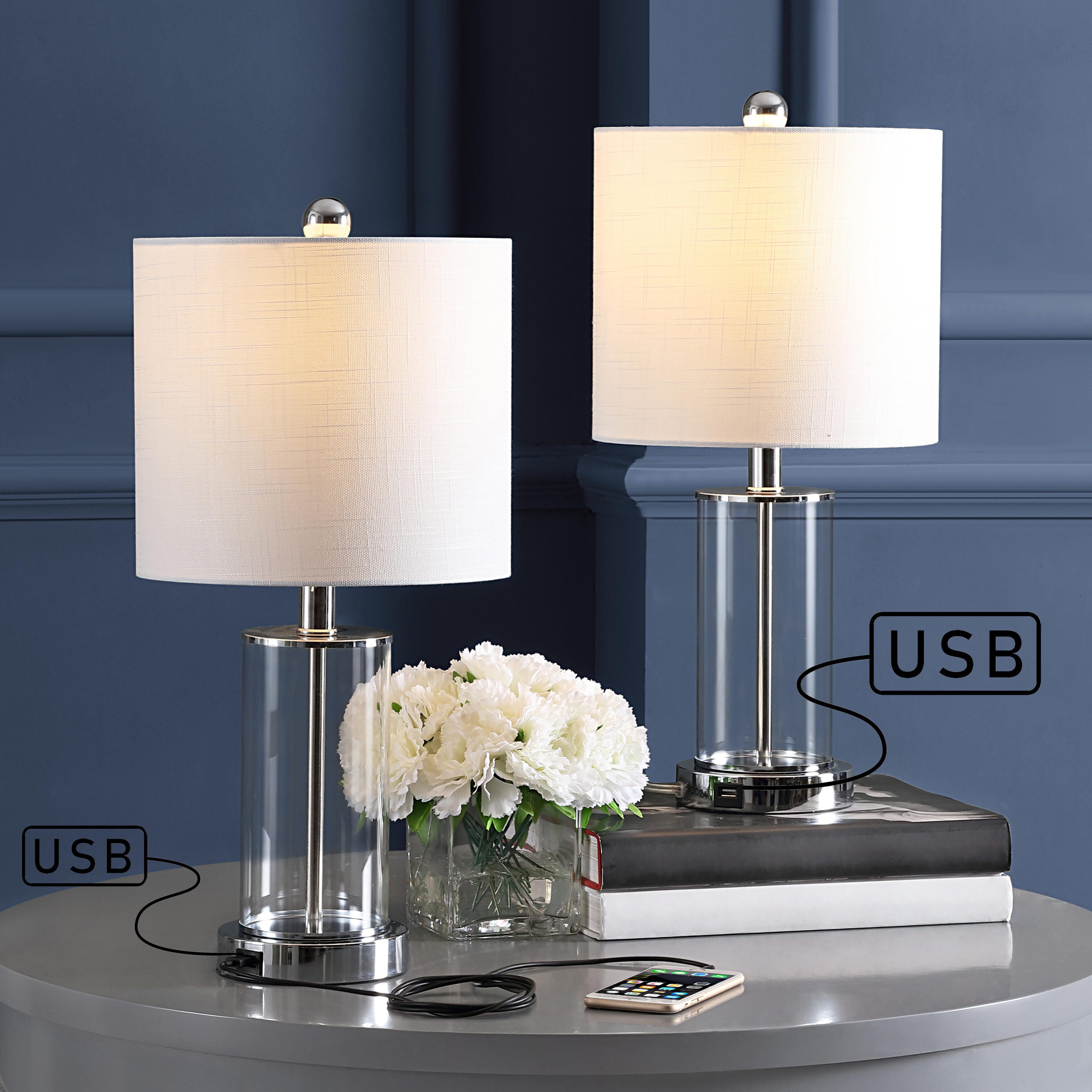 JONATHAN Y Abner USB Charging LED Table Lamp (Set of 2), Navy/Brass Gold/White, large