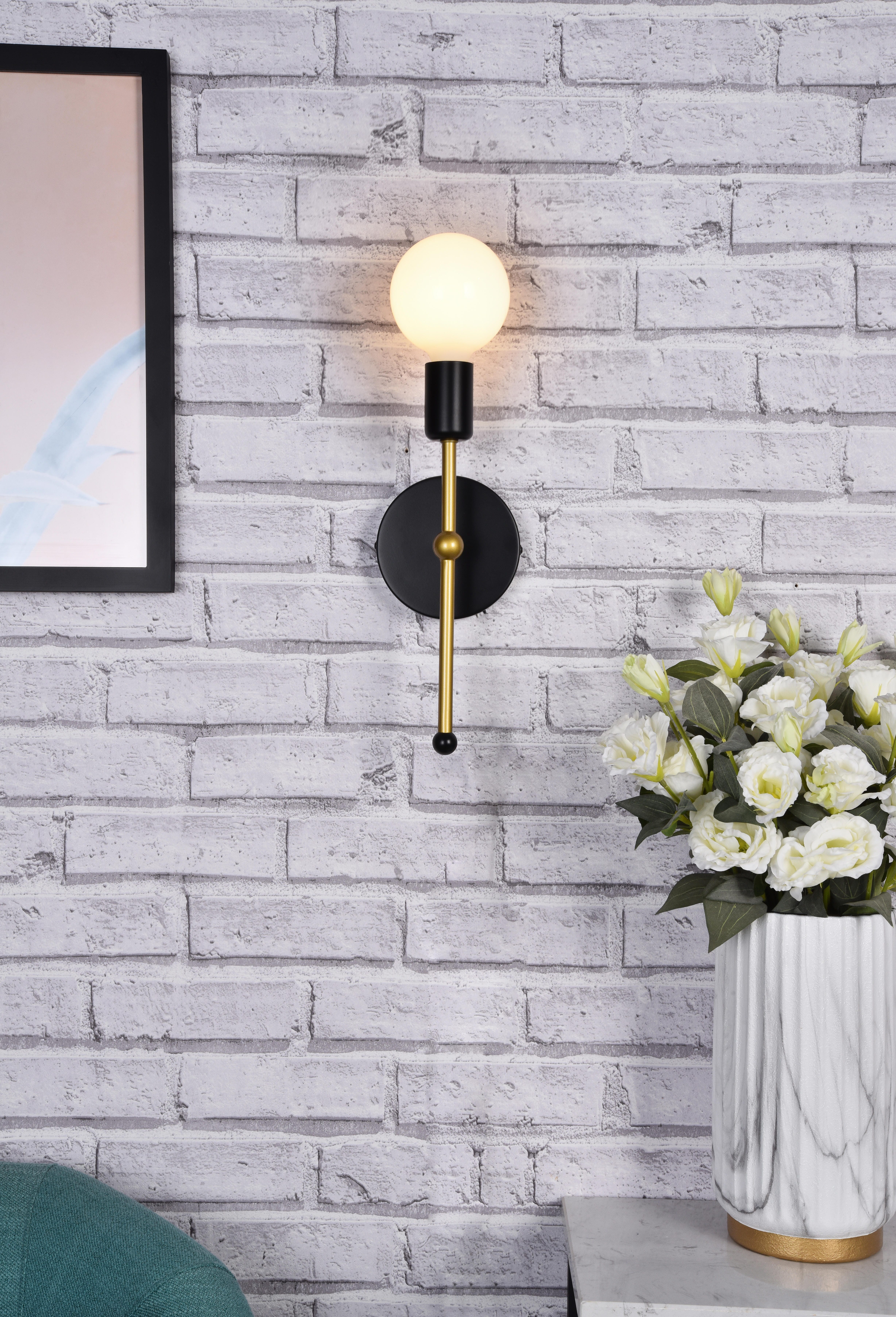 Keely 1 Light Black And Brass Wall Sconce, Black/Brass, large