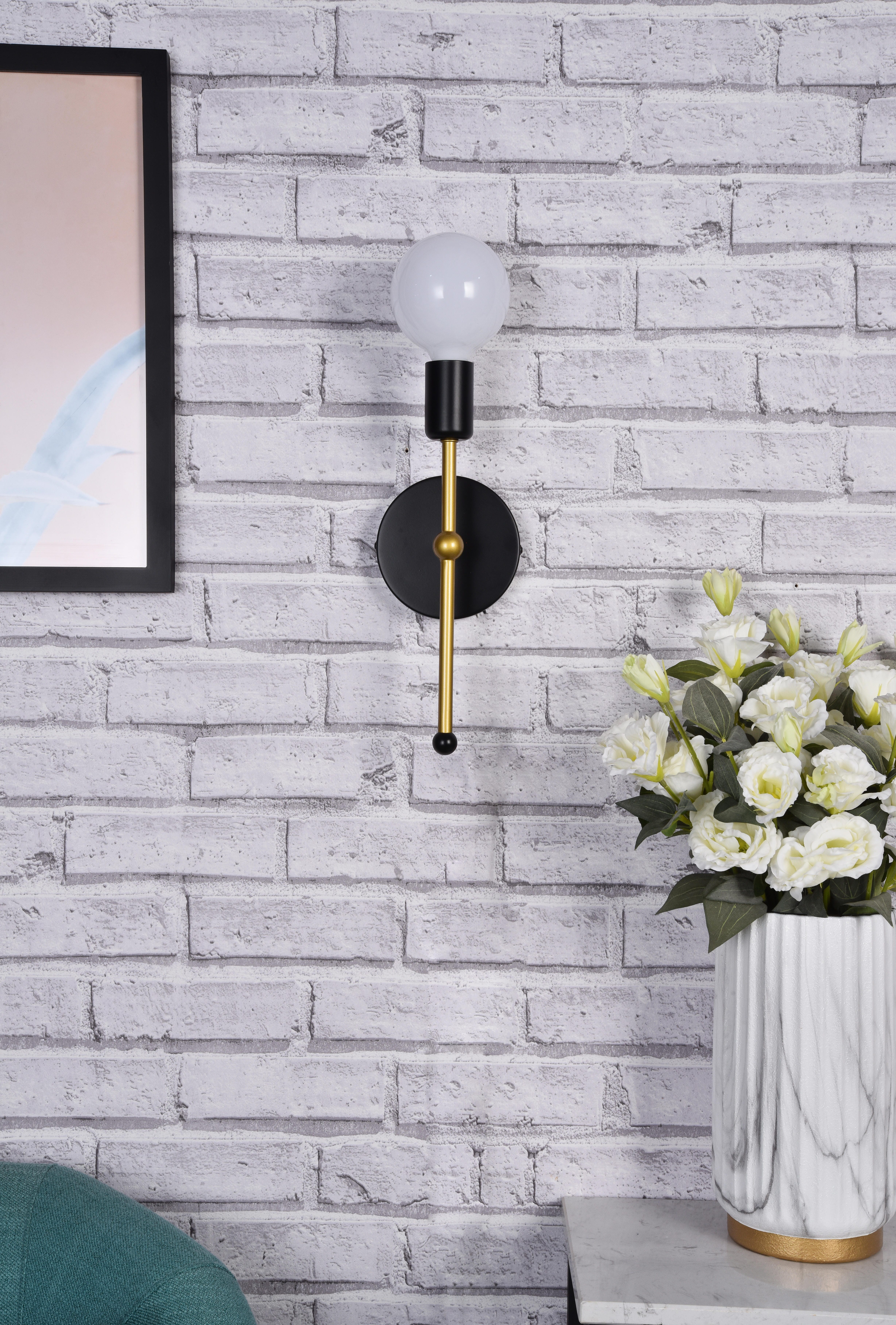 Keely 1 Light Black And Brass Wall Sconce, Black/Brass, large