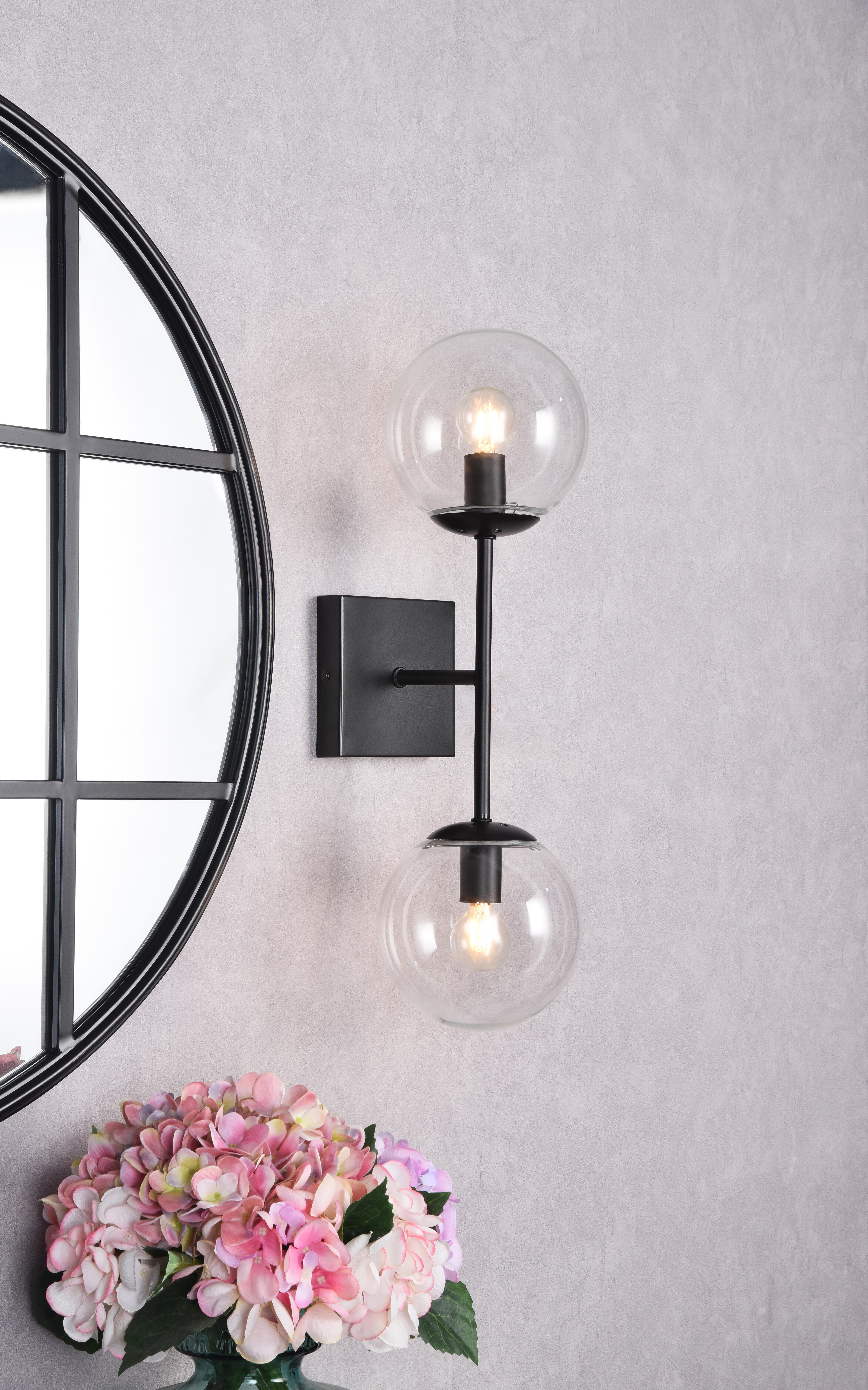 Neri 2 Lights Black And Clear Glass Wall Sconce, Black/Clear, rollover