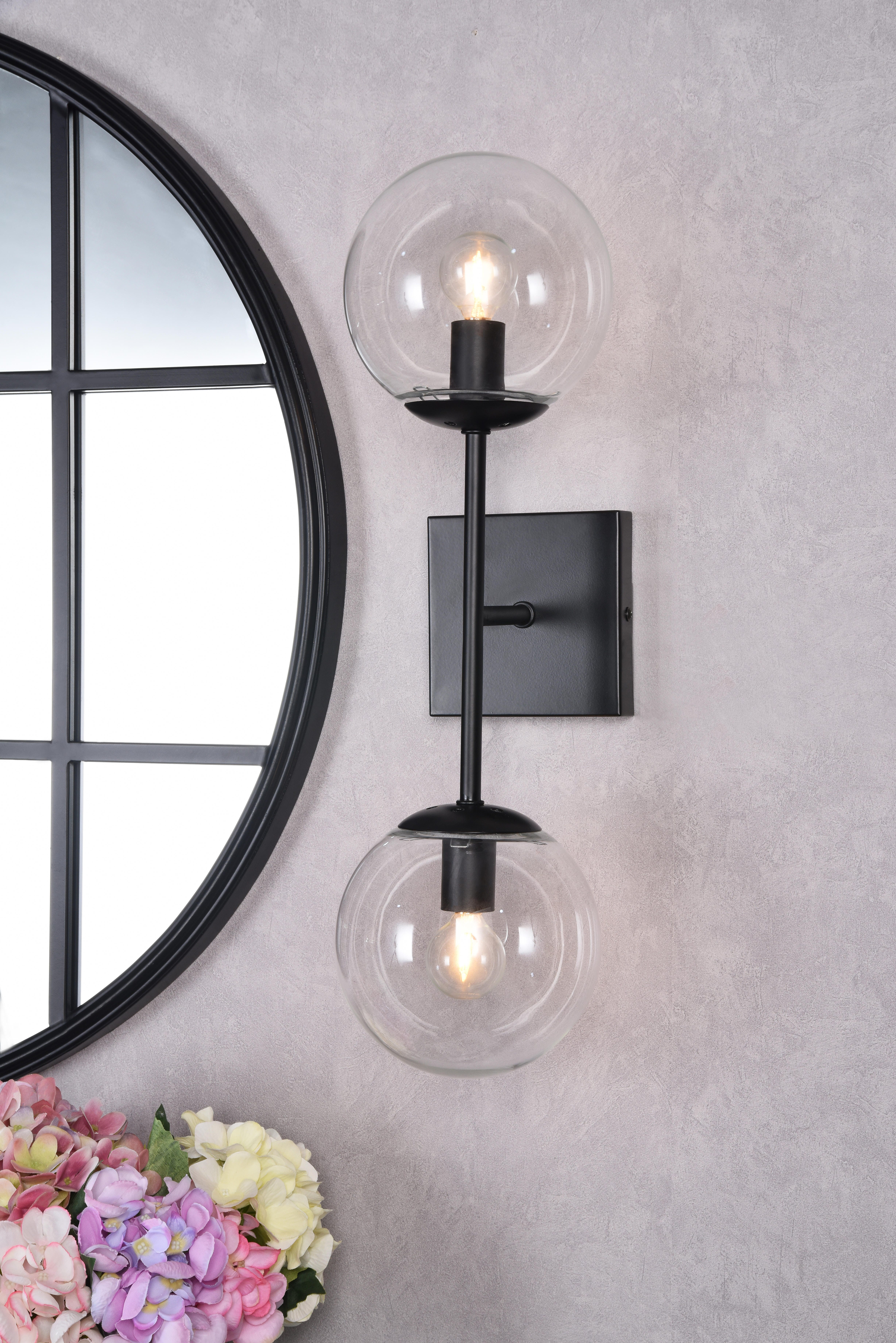 Neri 2 Lights Black And Clear Glass Wall Sconce, Black/Clear, large