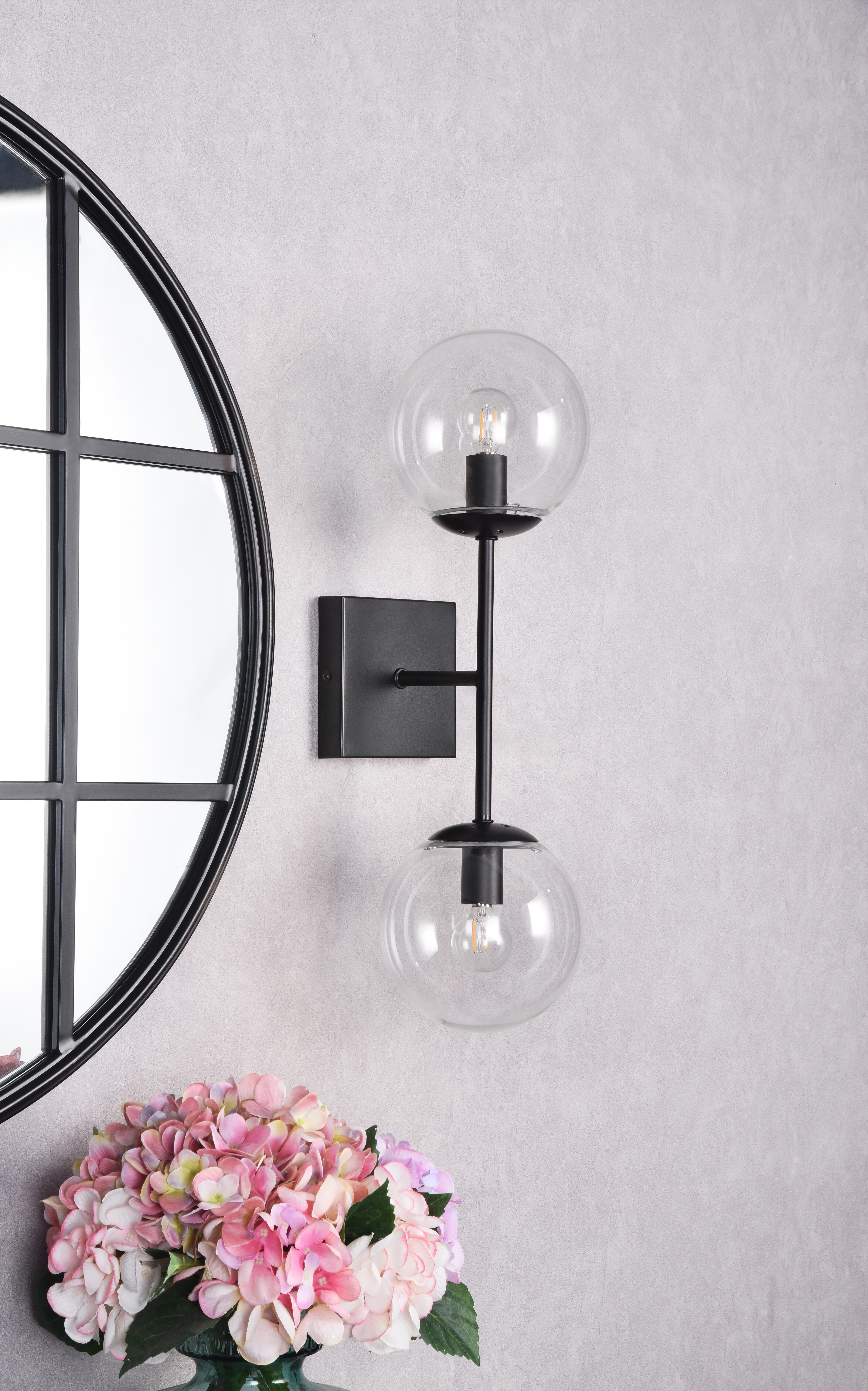 Neri 2 Lights Black And Clear Glass Wall Sconce, Black/Clear, large