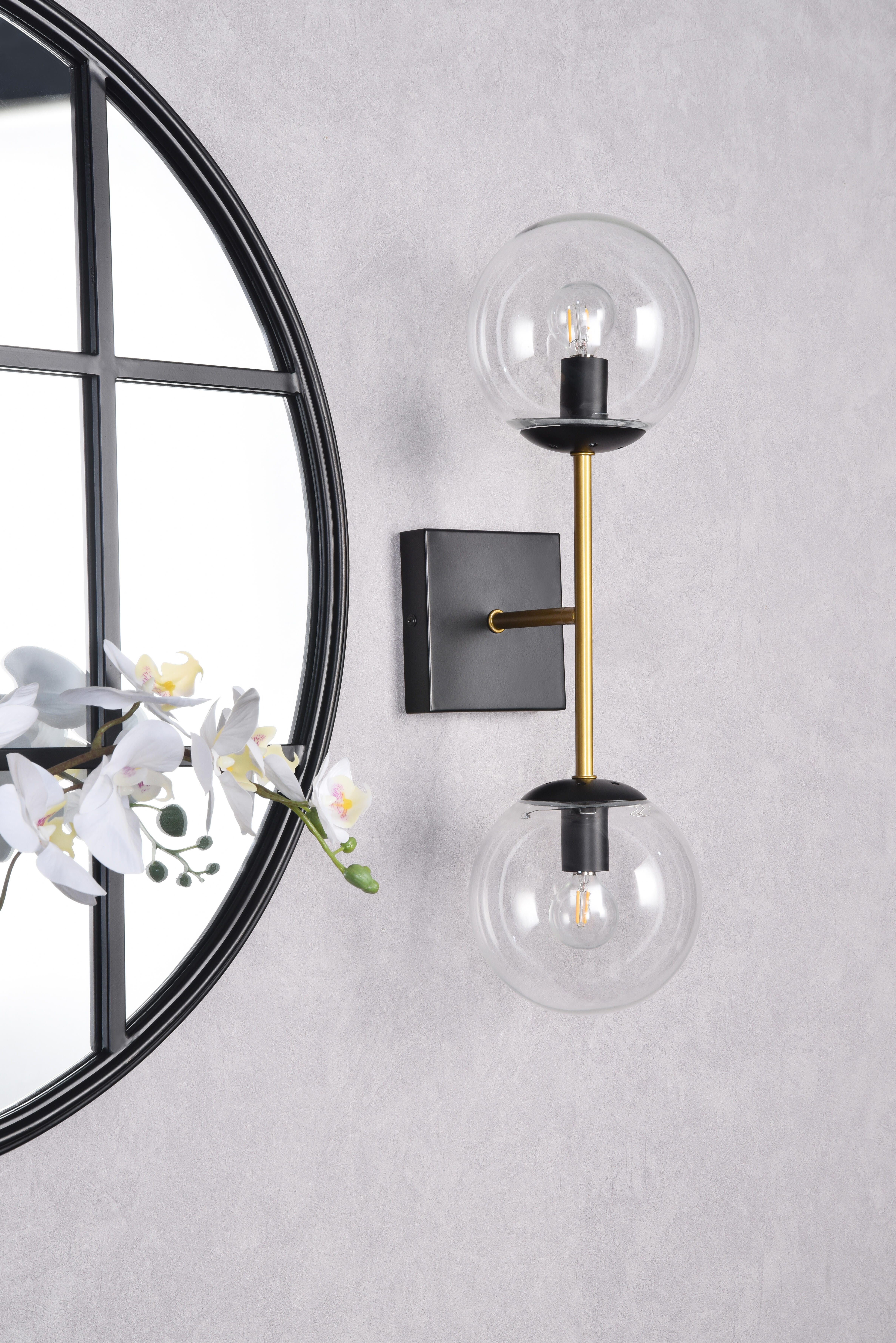 Neri 2 Lights Black And Brass And Clear Glass Wall Sconce, Black/Brass/Clear, large