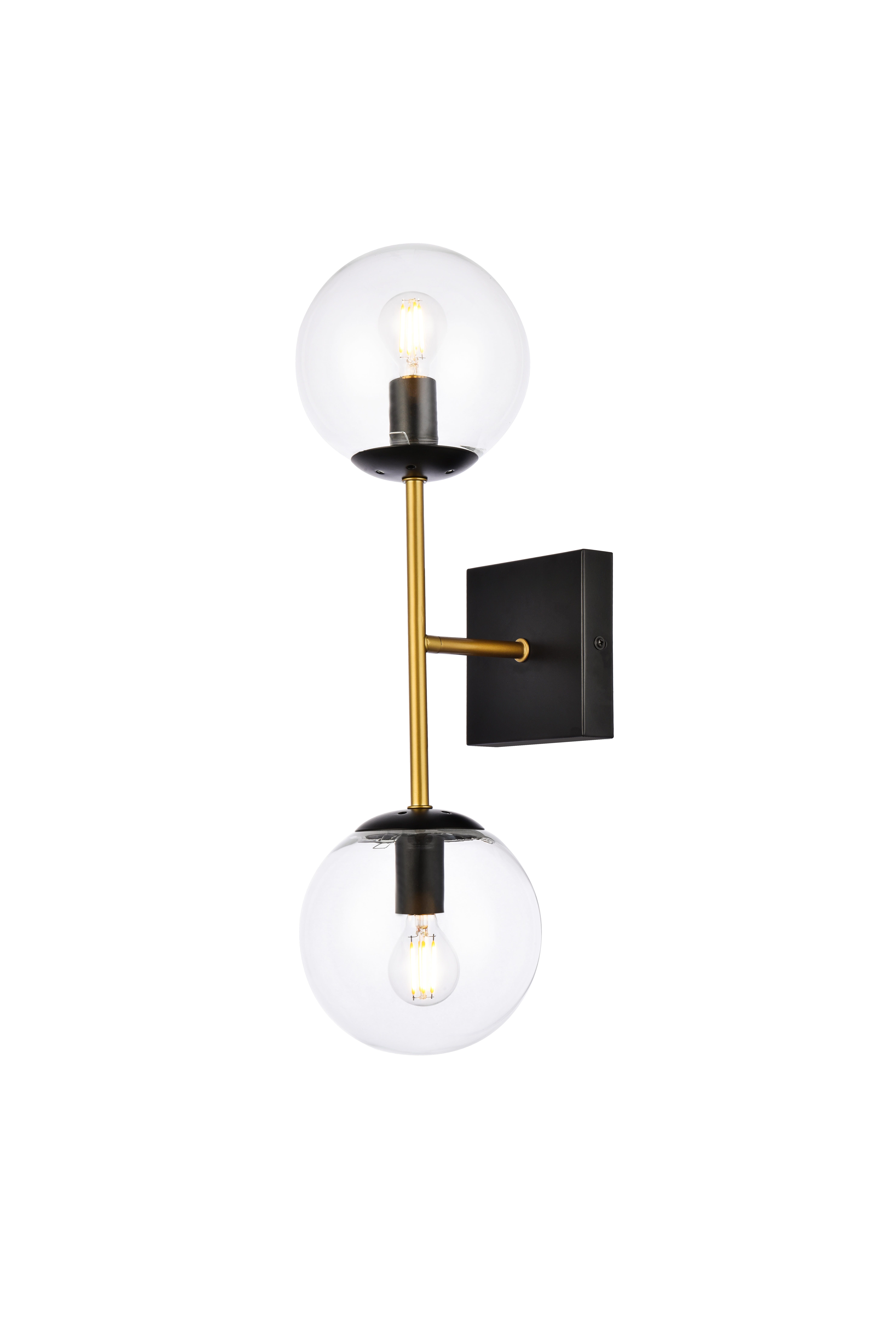 Neri 2 Lights Black And Brass And Clear Glass Wall Sconce, Black/Brass/Clear, large