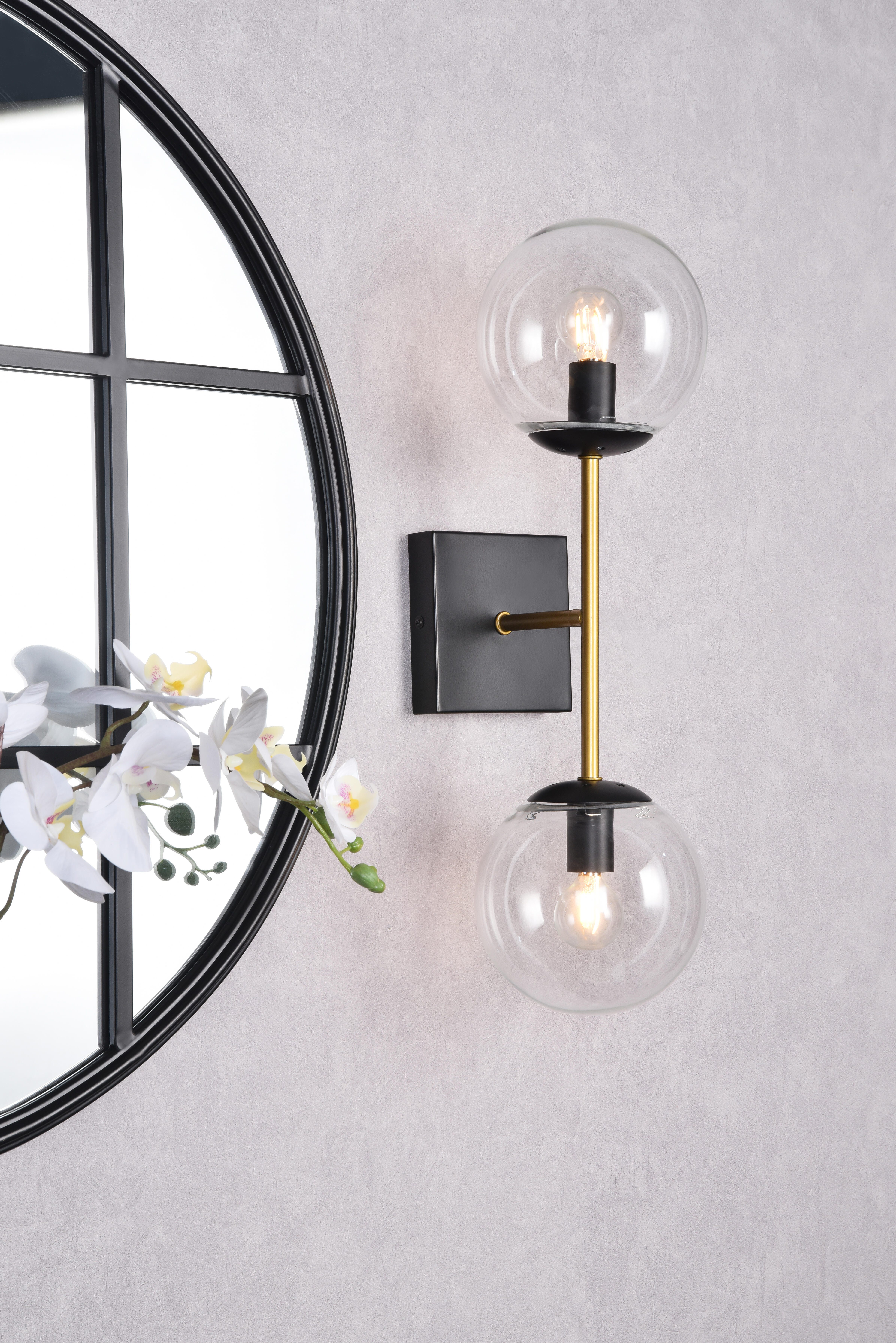 Neri 2 Lights Black And Brass And Clear Glass Wall Sconce, Black/Brass/Clear, large
