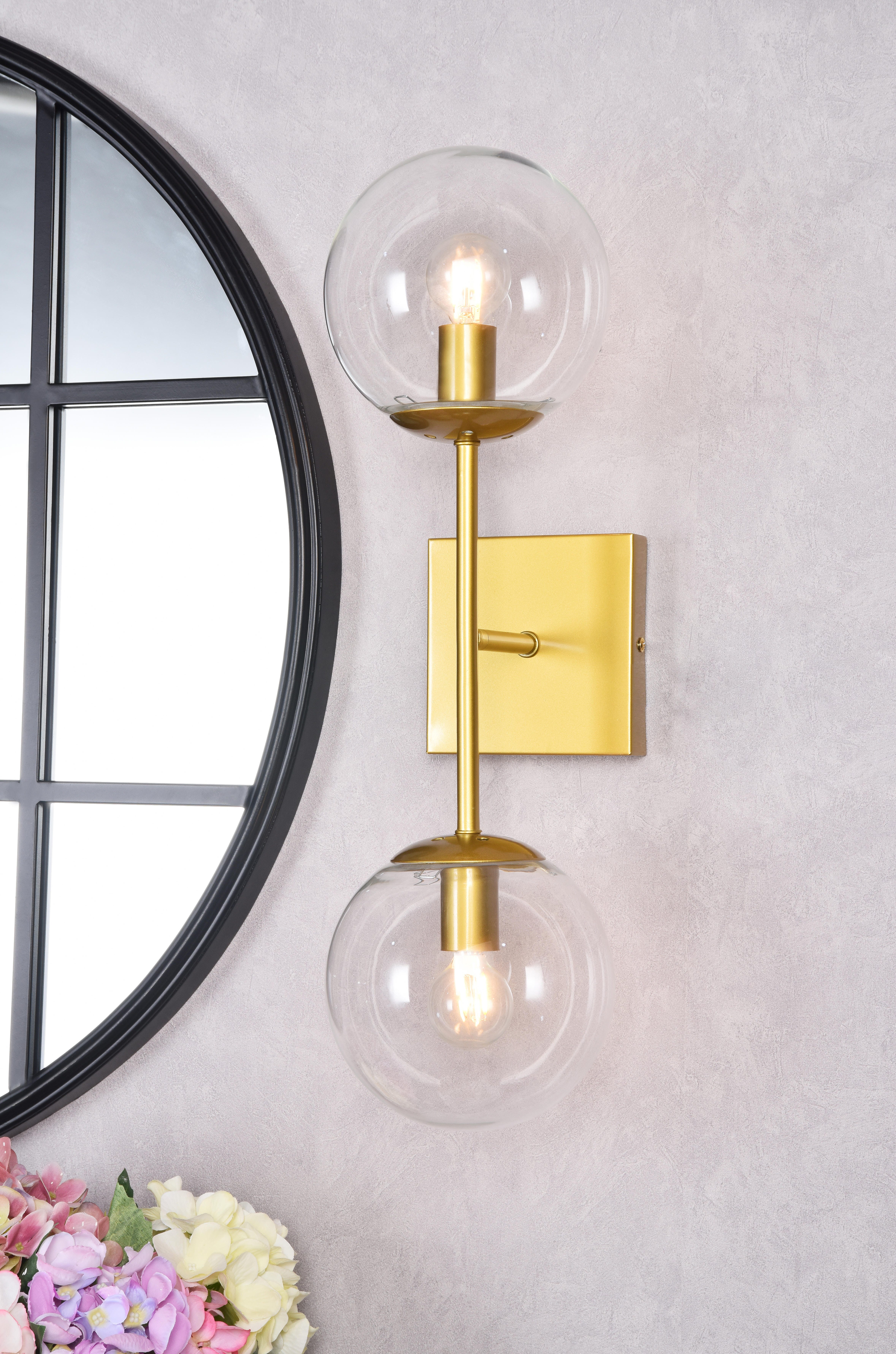 Neri 2 Lights Brass And Clear Glass Wall Sconce, Brass/Clear, large