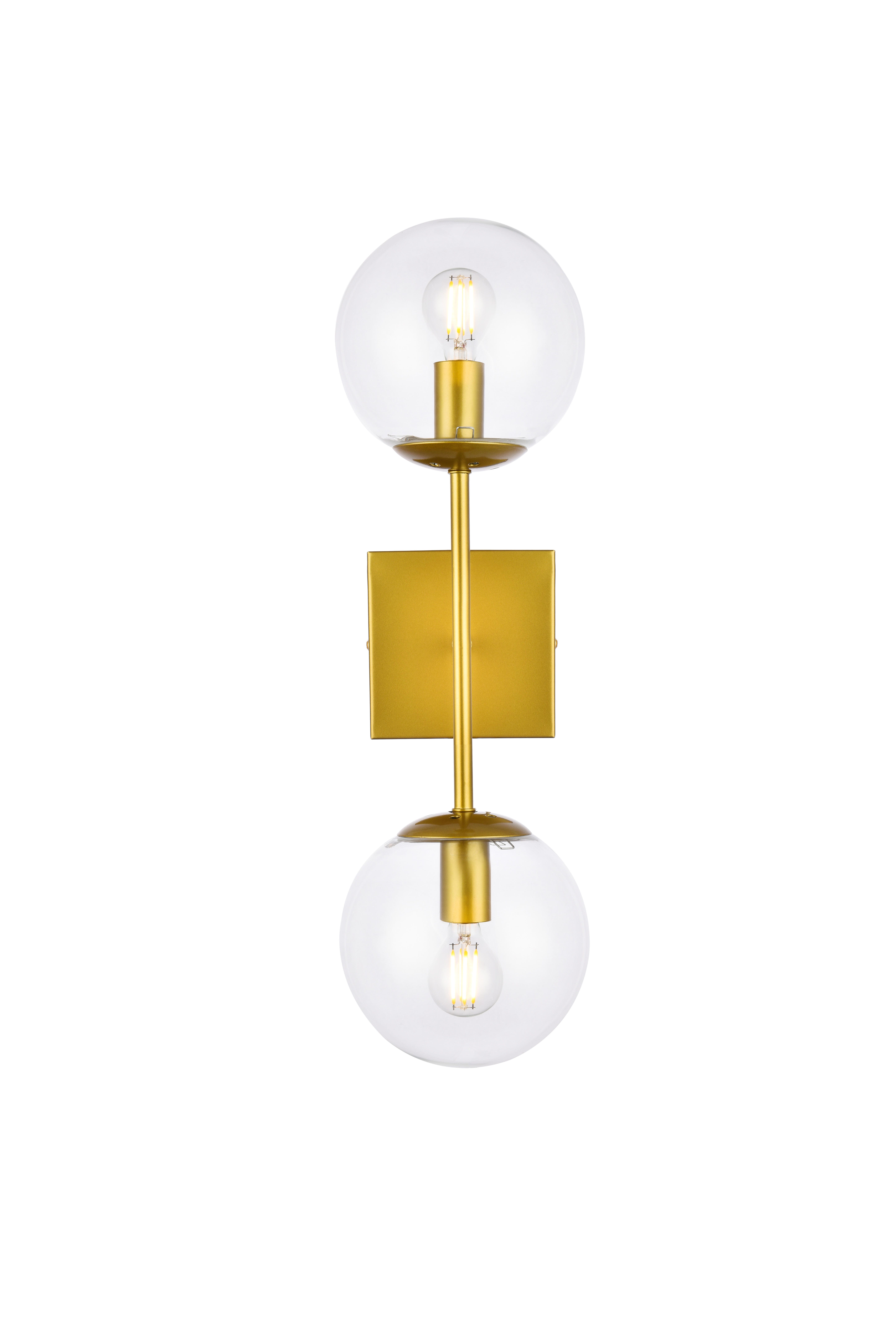 Neri 2 Lights Brass And Clear Glass Wall Sconce, Brass/Clear, large
