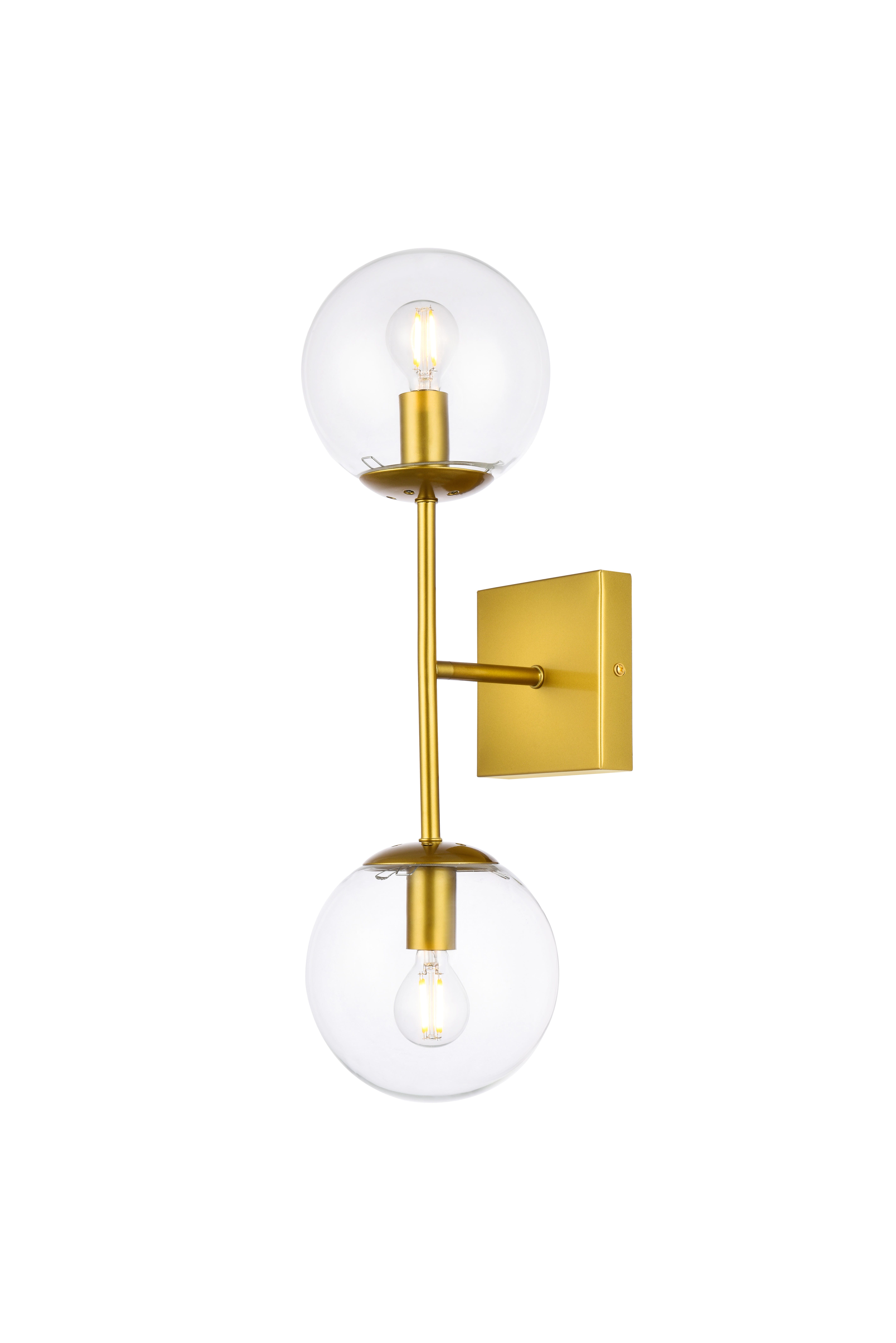 Neri 2 Lights Brass And Clear Glass Wall Sconce, Brass/Clear, large