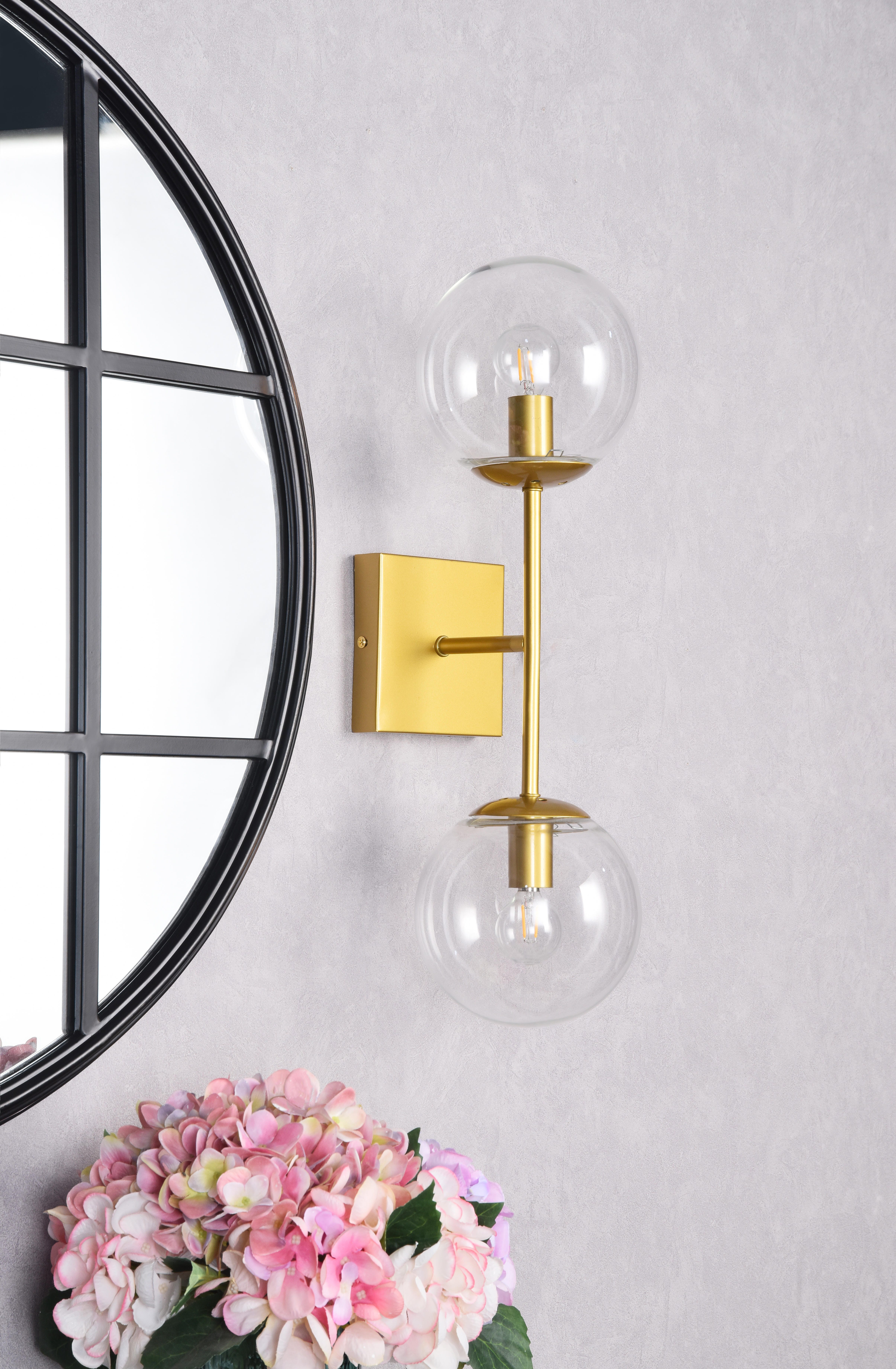 Neri 2 Lights Brass And Clear Glass Wall Sconce, Brass/Clear, large
