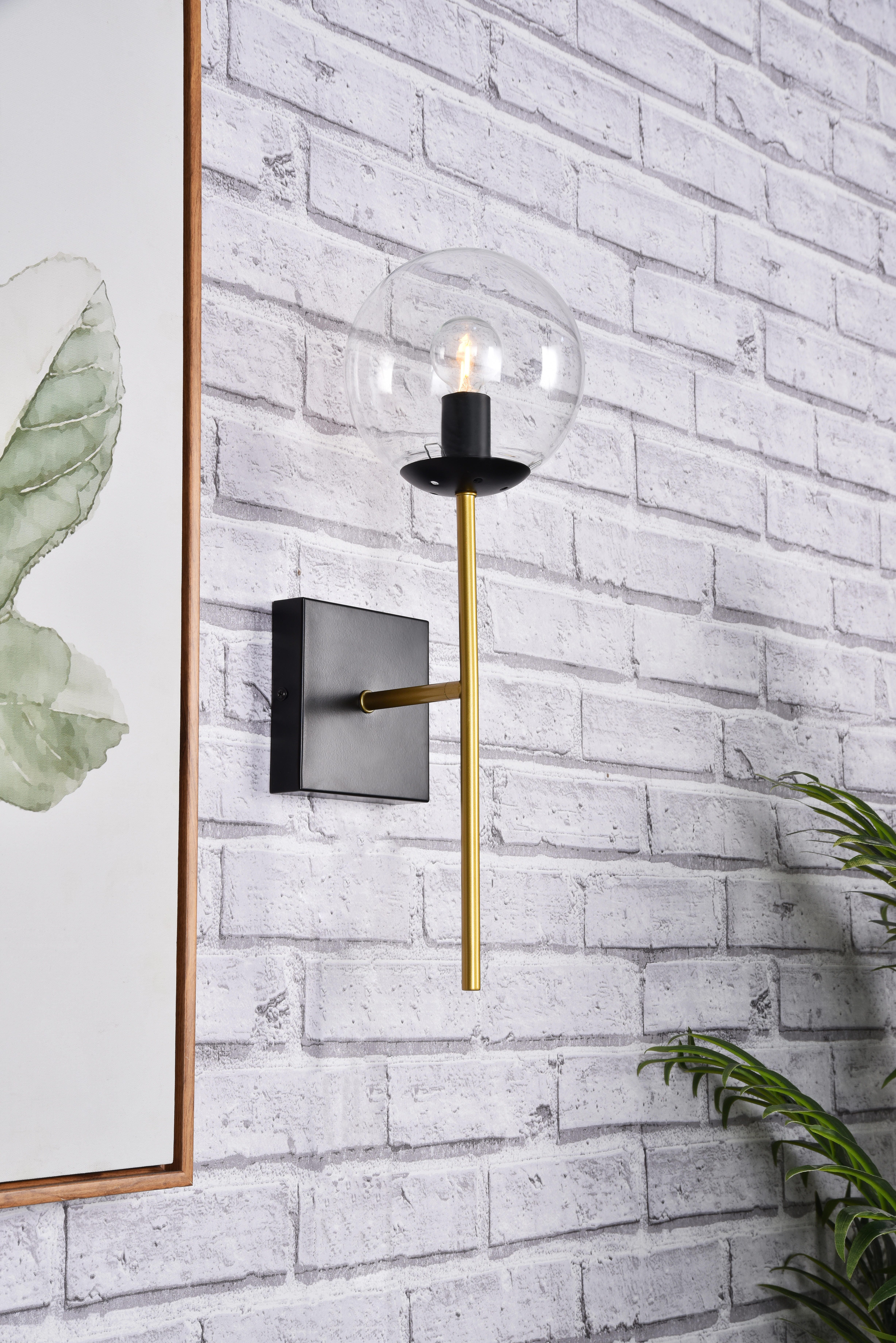 Neri 1 Light Black And Brass And Clear Glass Wall Sconce, Black/Brass/Clear, large