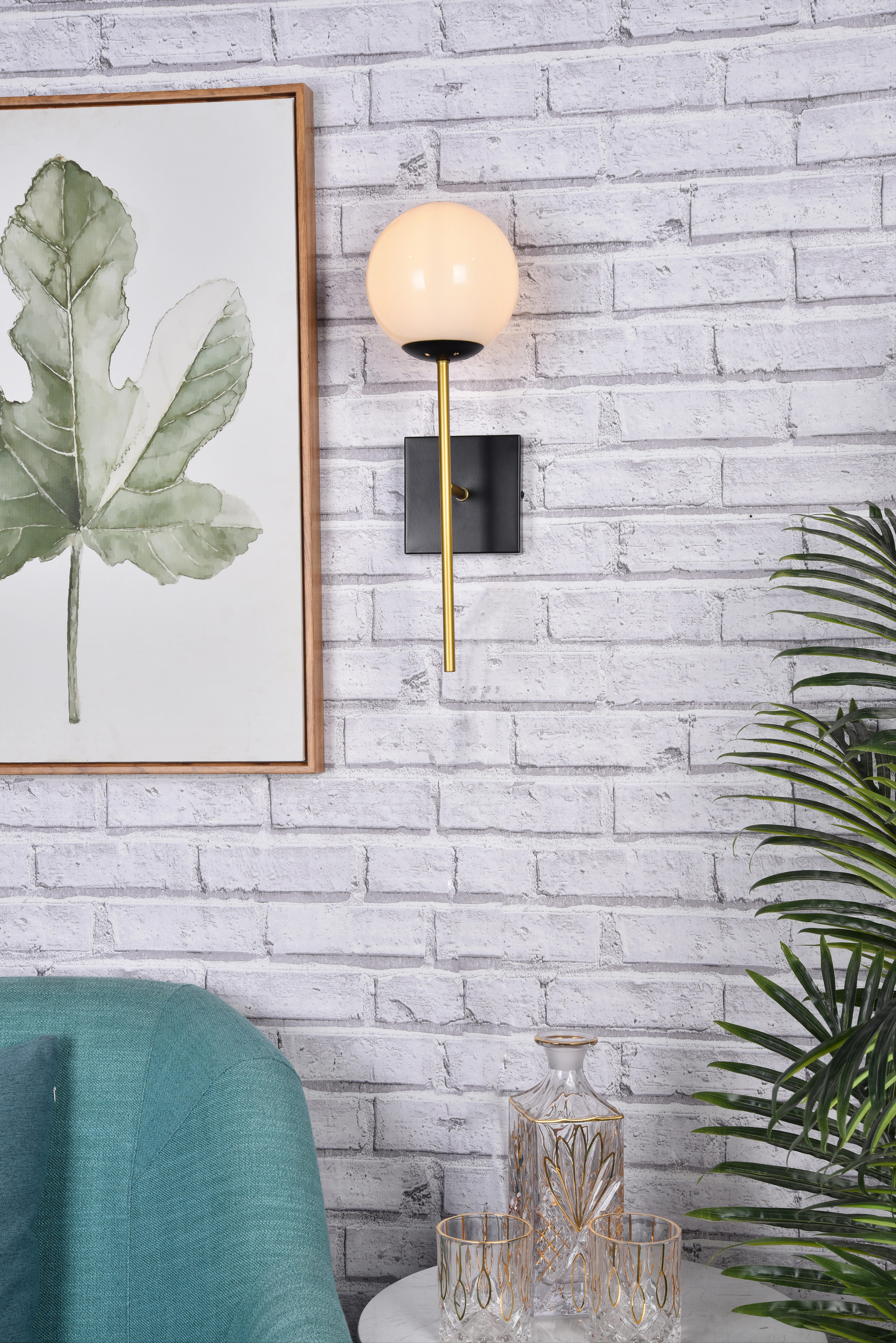 Neri 1 Light Black And Brass And White Glass Wall Sconce, Black/Brass/White, rollover