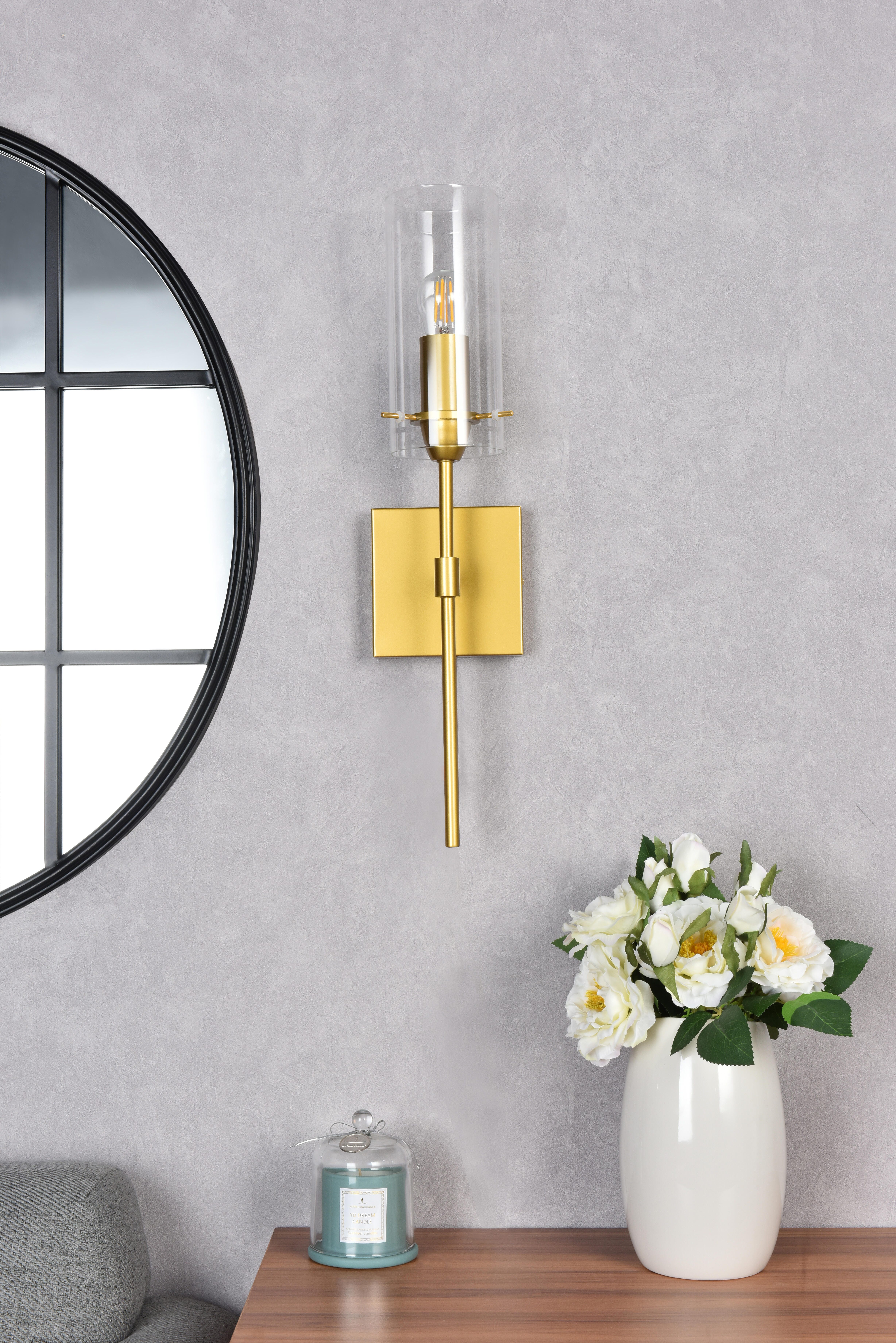 Elsreth 1 Light Brass Wall Sconce, Brass/Clear, large