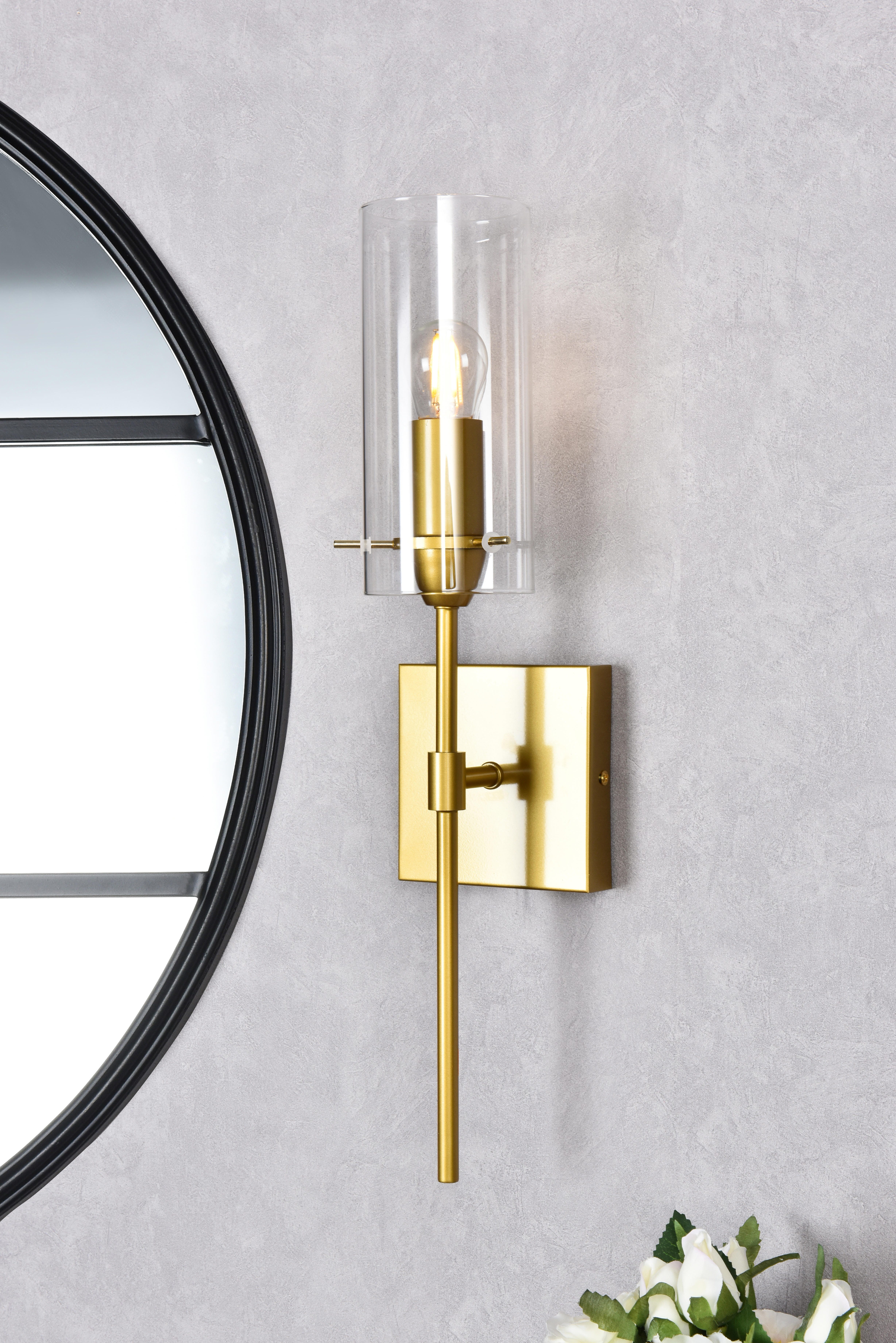 Elsreth 1 Light Brass Wall Sconce, Brass/Clear, large