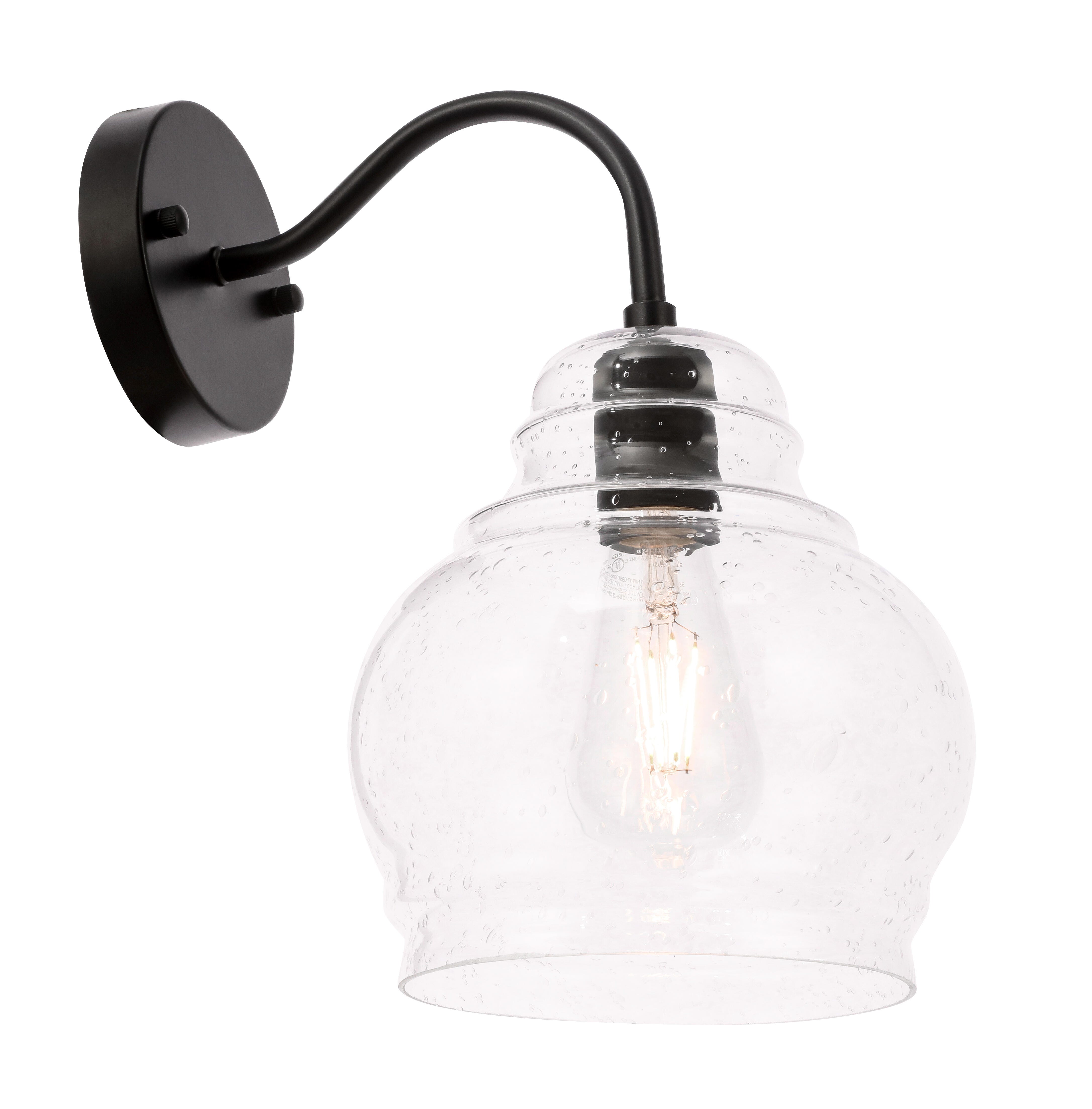 Pierce 1 Light Black And Clear Seeded Glass Wall Sconce, Black/Clear, large