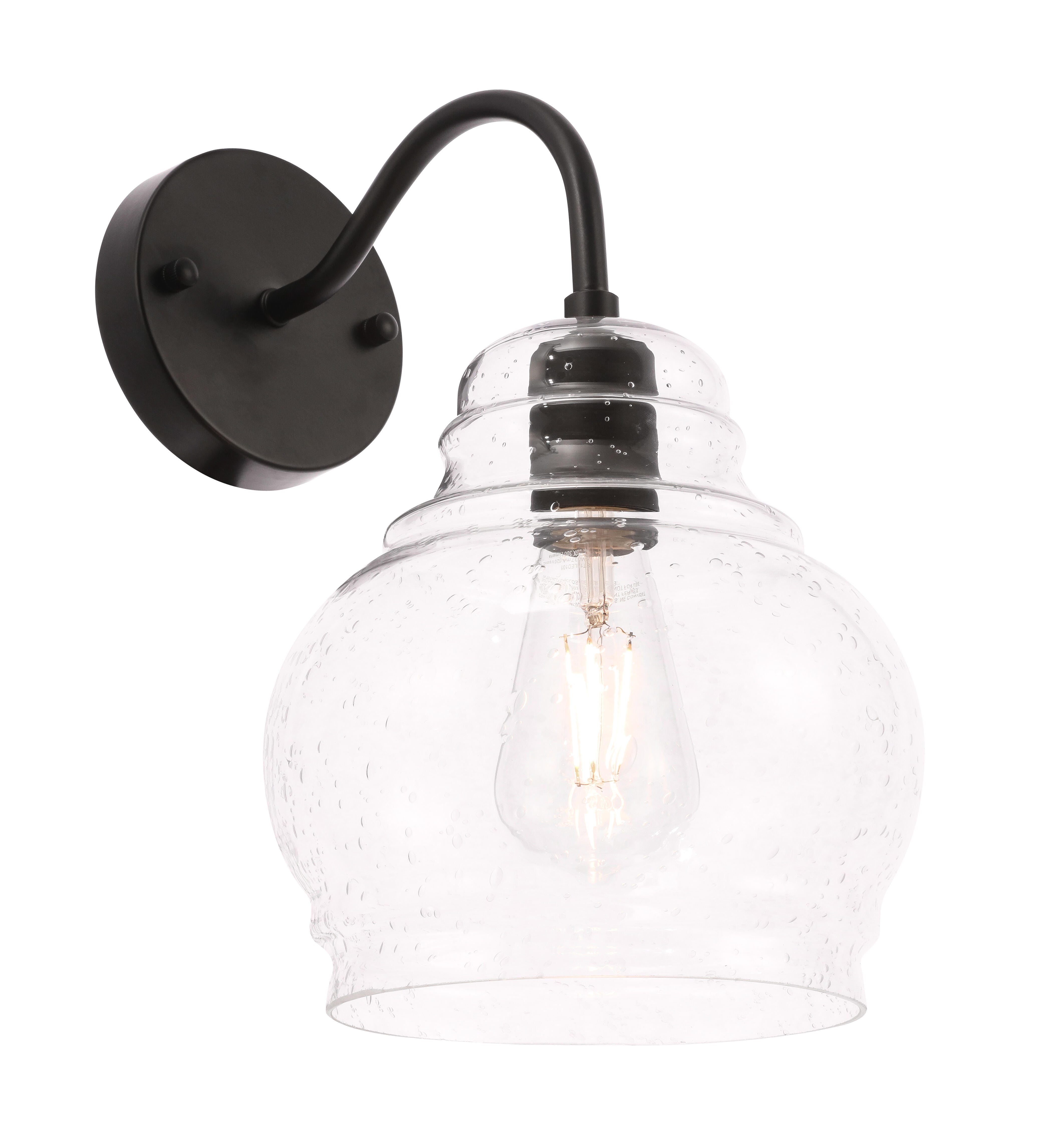 Pierce 1 Light Black And Clear Seeded Glass Wall Sconce, Black/Clear, large