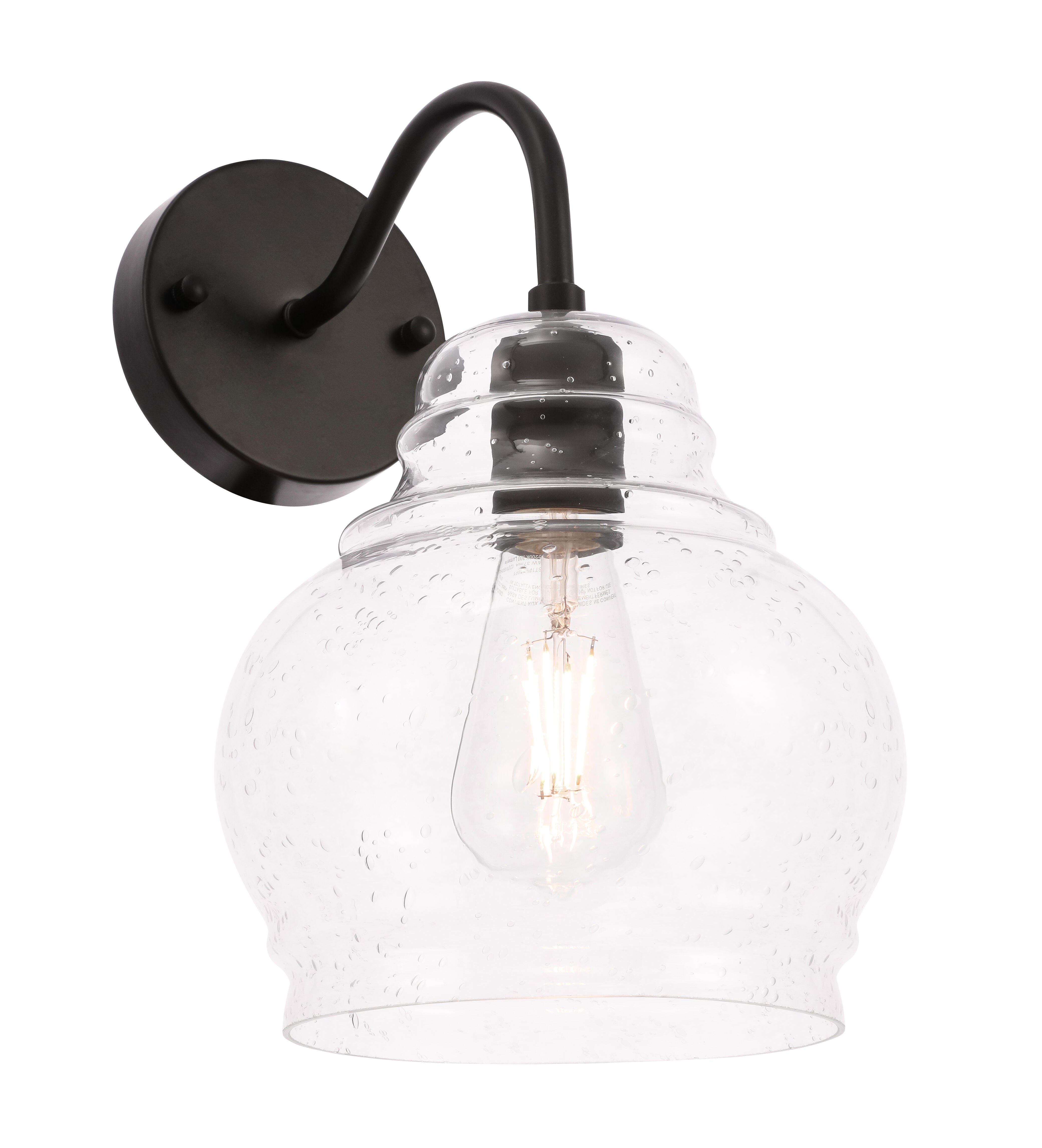 Pierce 1 Light Black And Clear Seeded Glass Wall Sconce, Black/Clear, large