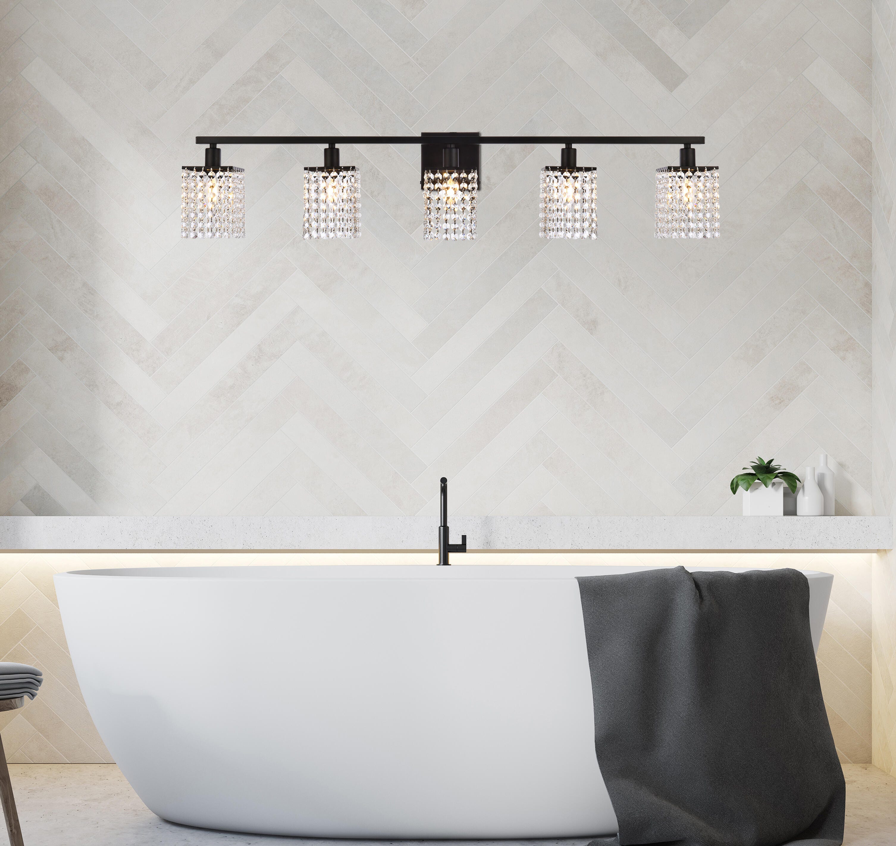 Phineas 5 Lights Bath Sconce In Black With Clear Crystals, Black/Clear, rollover