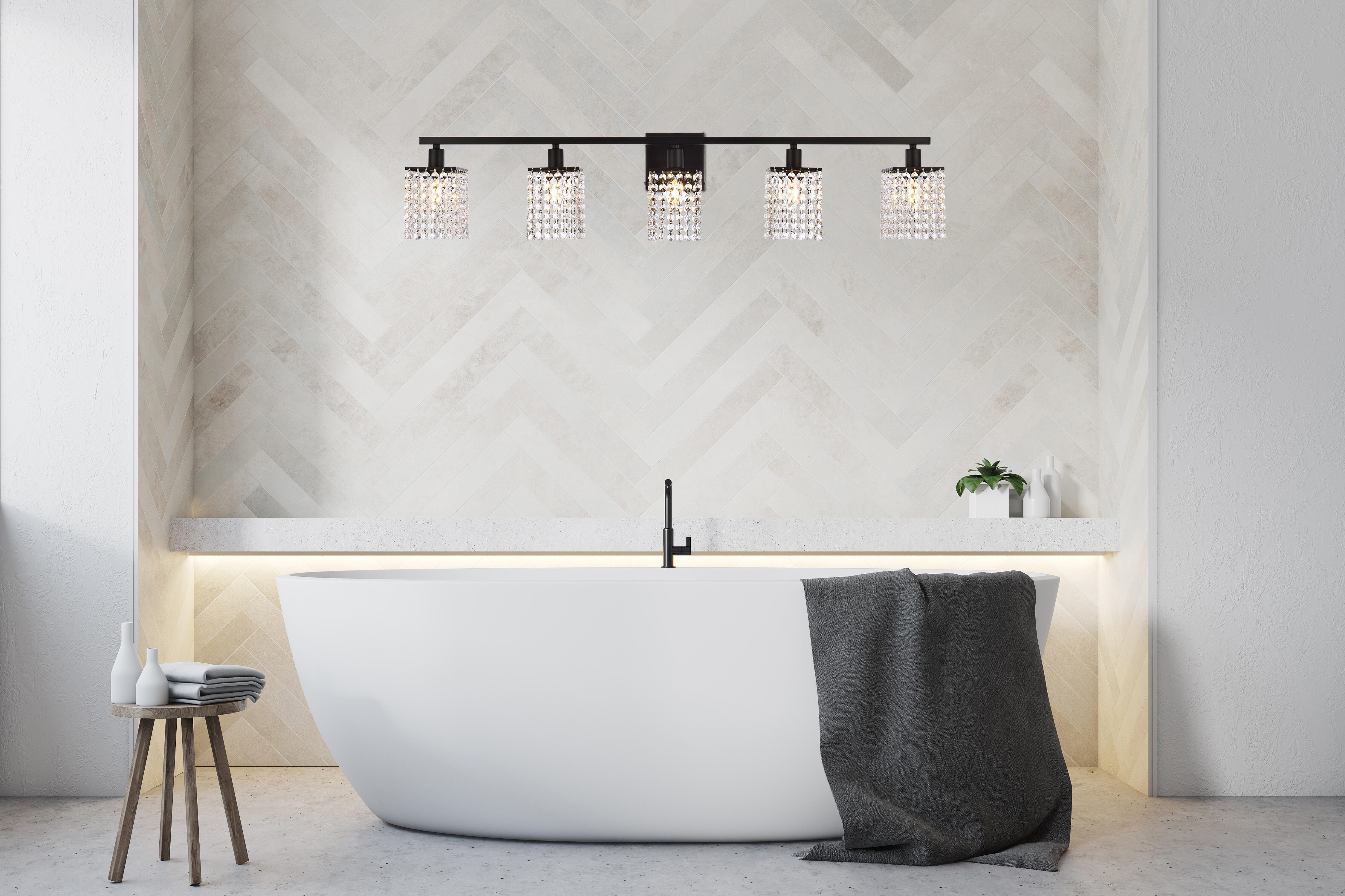Phineas 5 Lights Bath Sconce In Black With Clear Crystals, Black/Clear, large