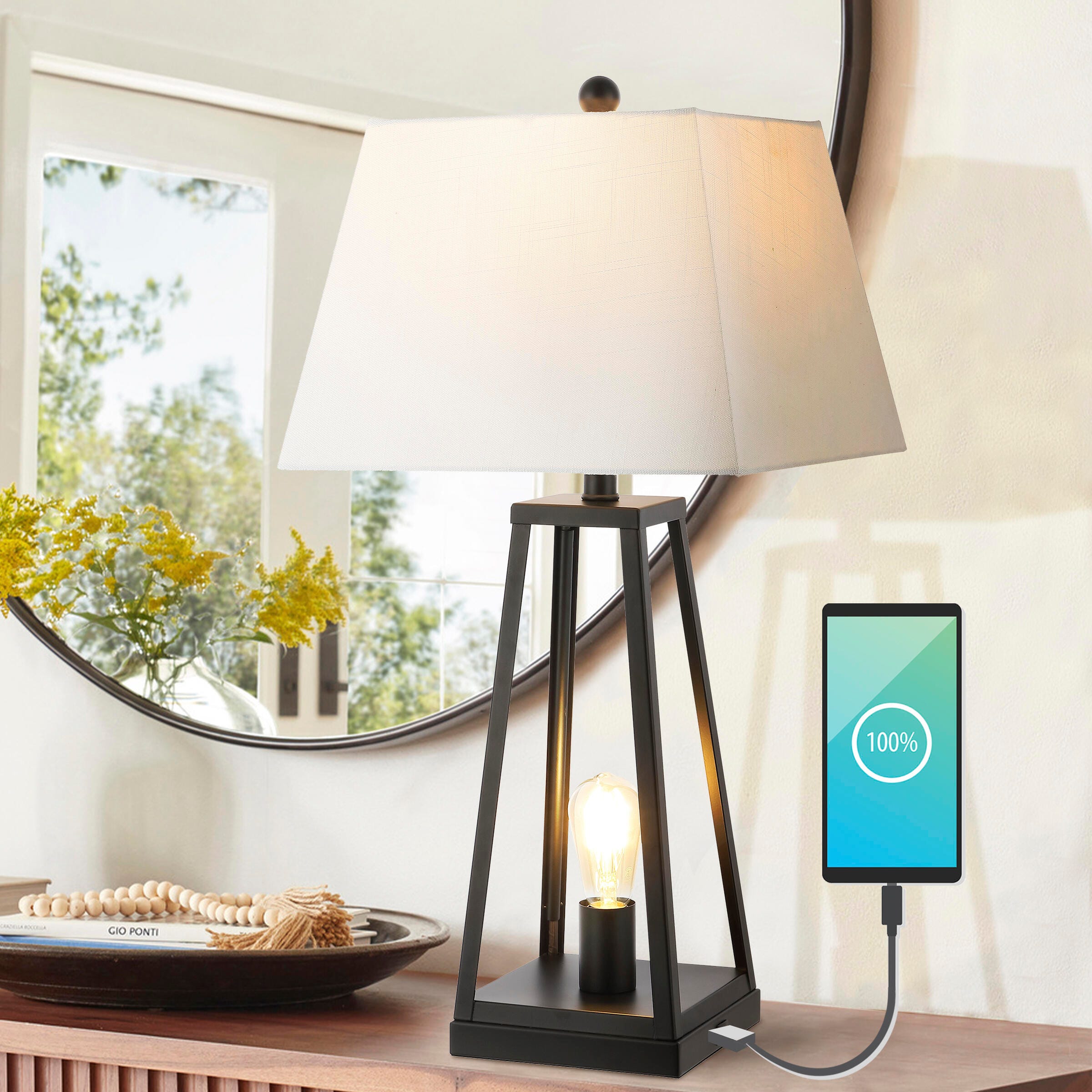 JONATHAN Y Waylon 28.5" Classic Industrial Iron Nightlight LED Table Lamp with USB Charging Port, Black, , rollover