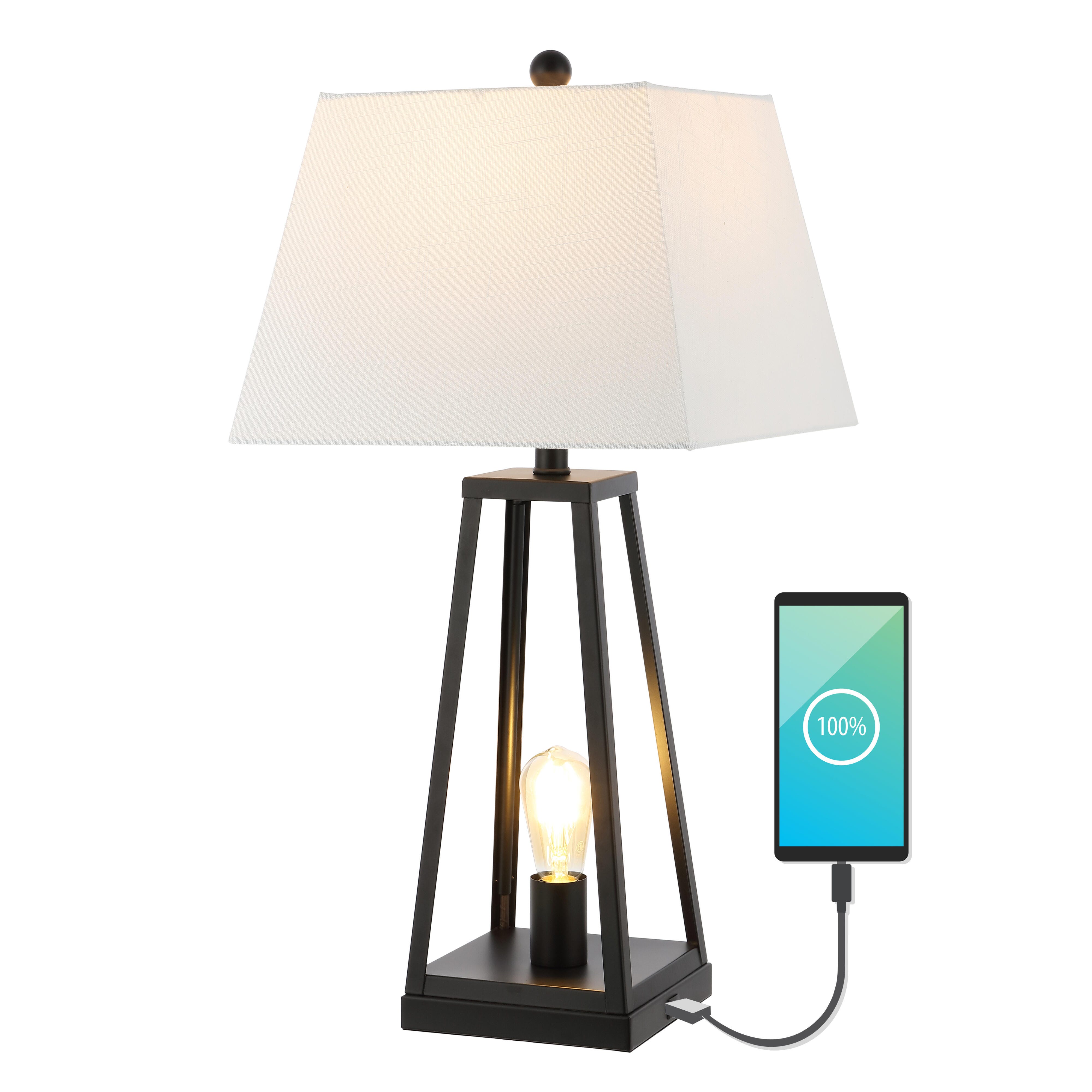 JONATHAN Y Waylon 28.5" Classic Industrial Iron Nightlight LED Table Lamp with USB Charging Port, Black, , large