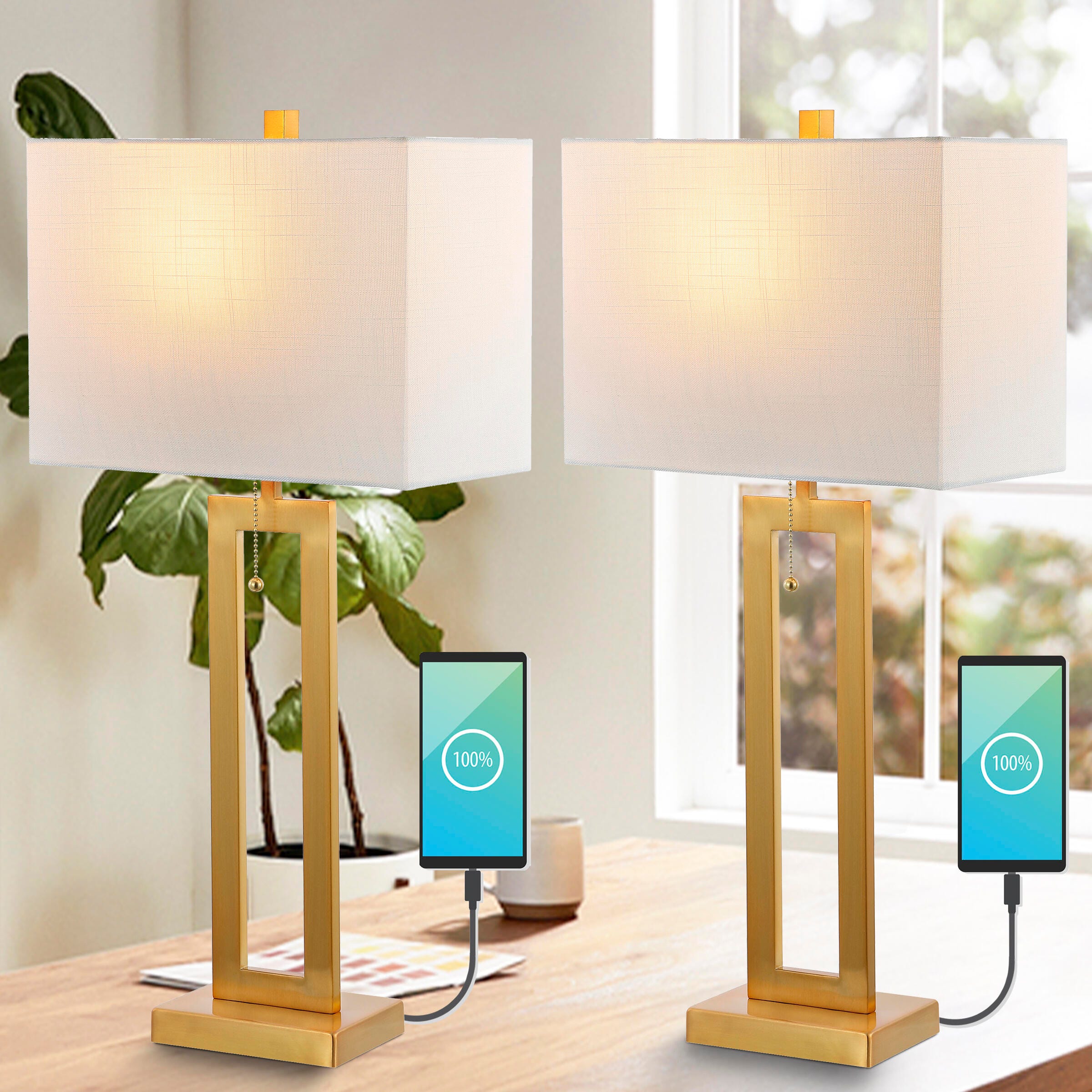 JONATHAN Y Sabrina LED Table Lamp with USB (Set of 2), Brass Gold, large