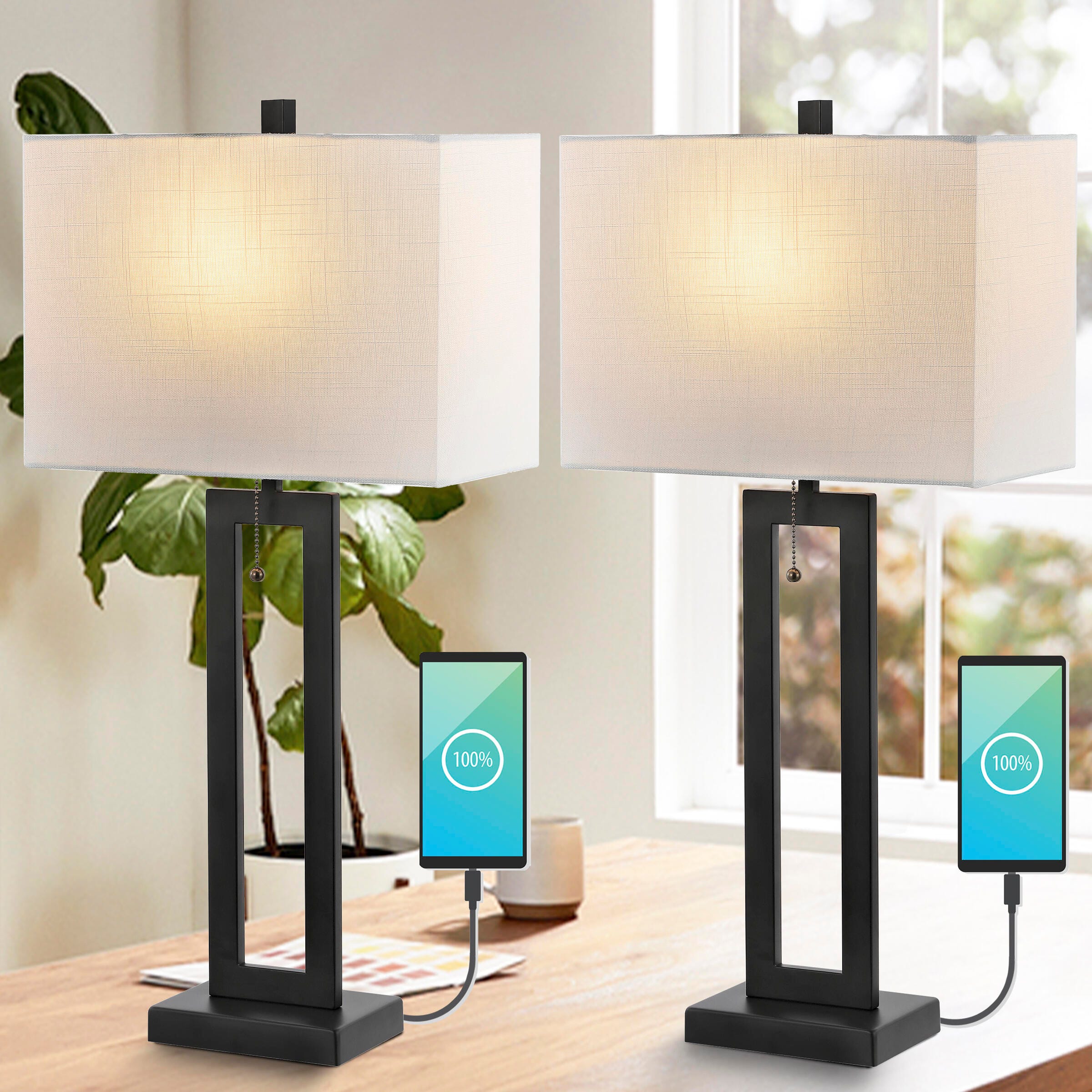 JONATHAN Y Sabrina LED Table Lamp with USB (Set of 2), Black, large