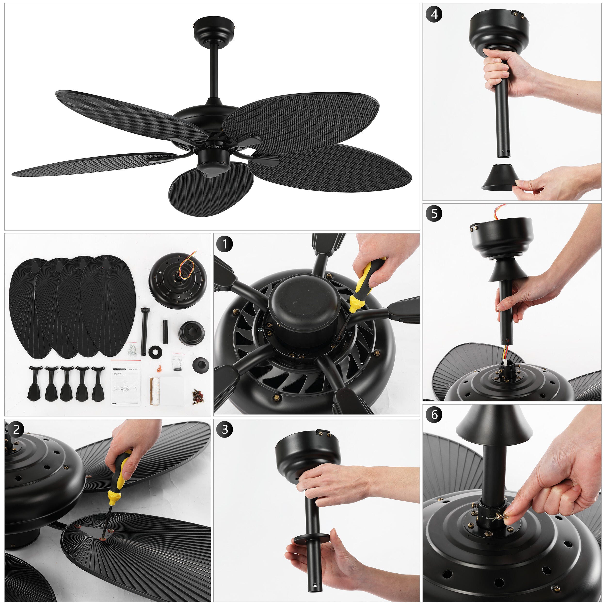 JONATHAN Y Raffles 52" Palm Blade Ceiling Fan, Black, large