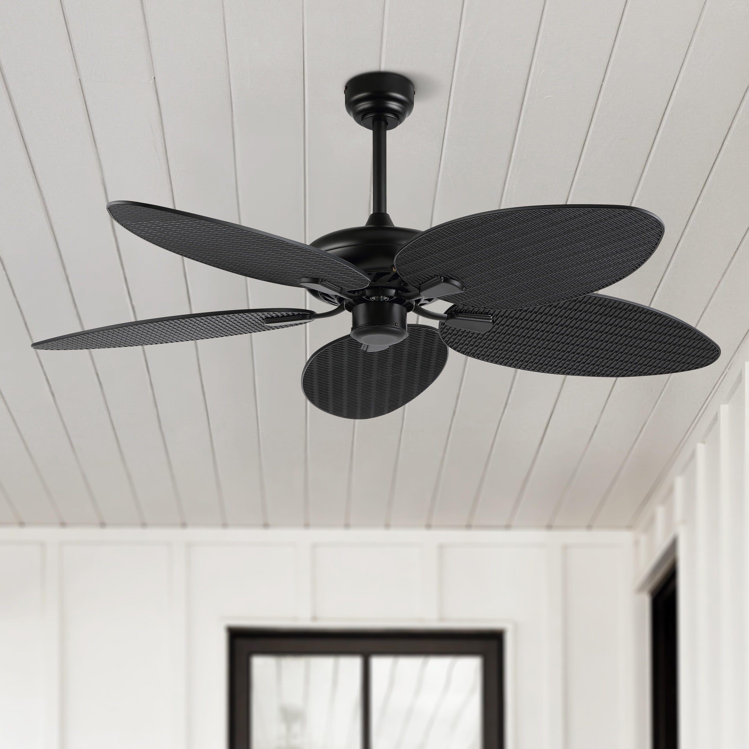 JONATHAN Y Raffles 52" Palm Blade Ceiling Fan, Black, large