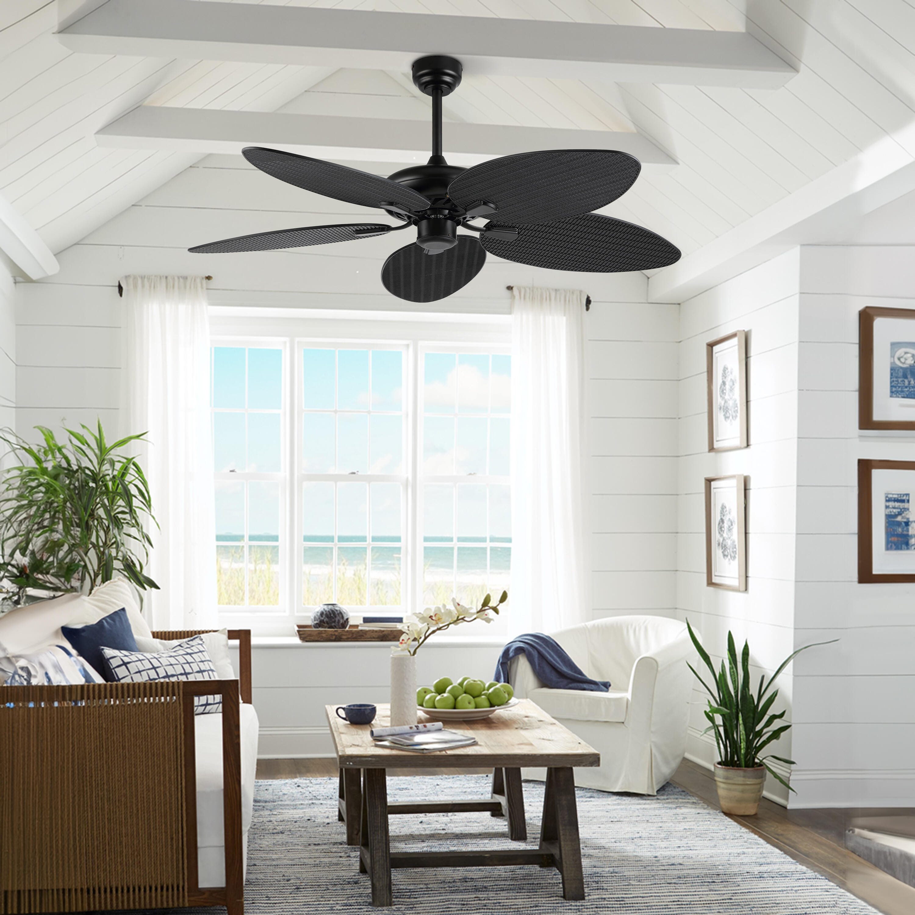 JONATHAN Y Raffles 52" Palm Blade Ceiling Fan, Black, large