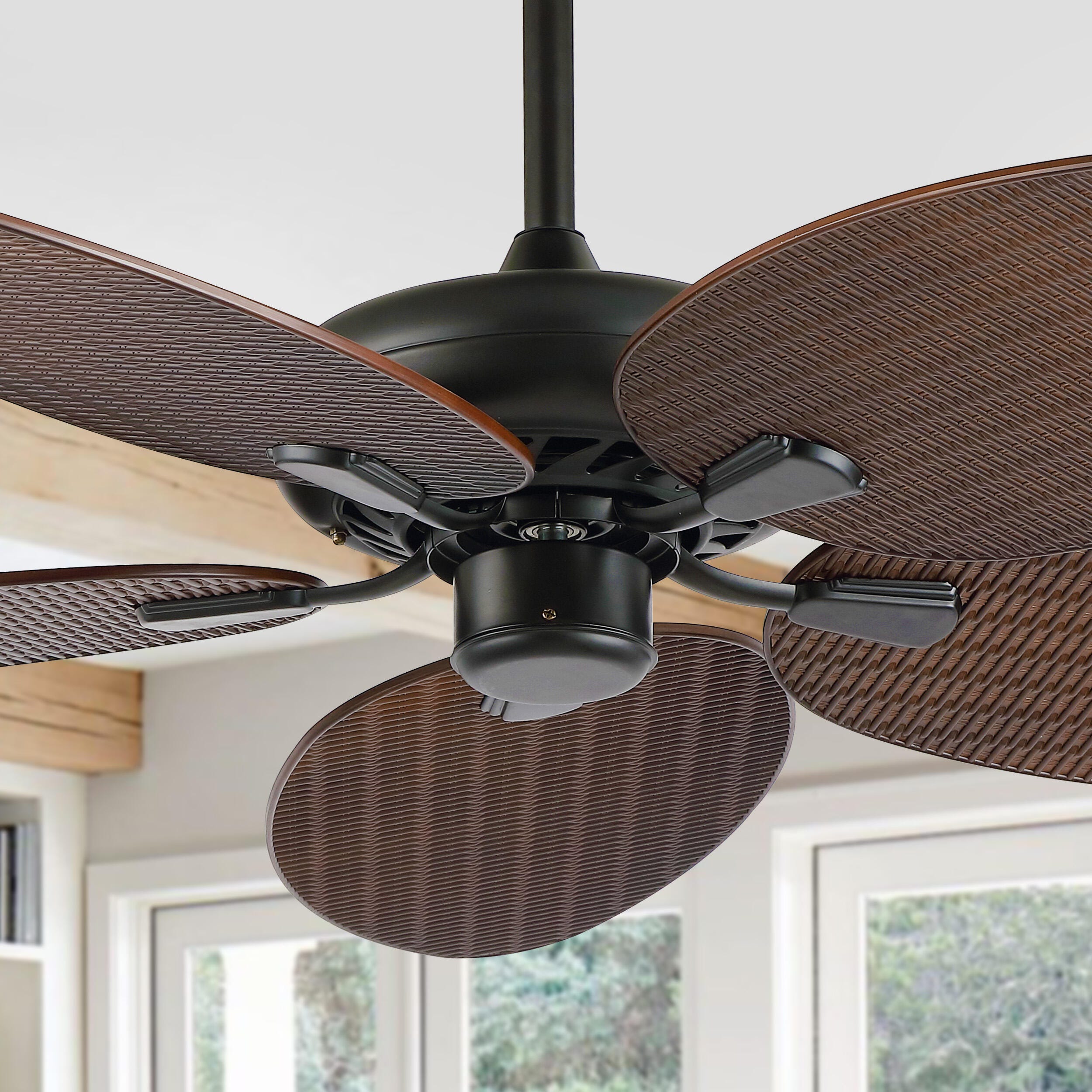 JONATHAN Y Raffles 52" Palm Blade Ceiling Fan, Black/Neutral Brown, rollover