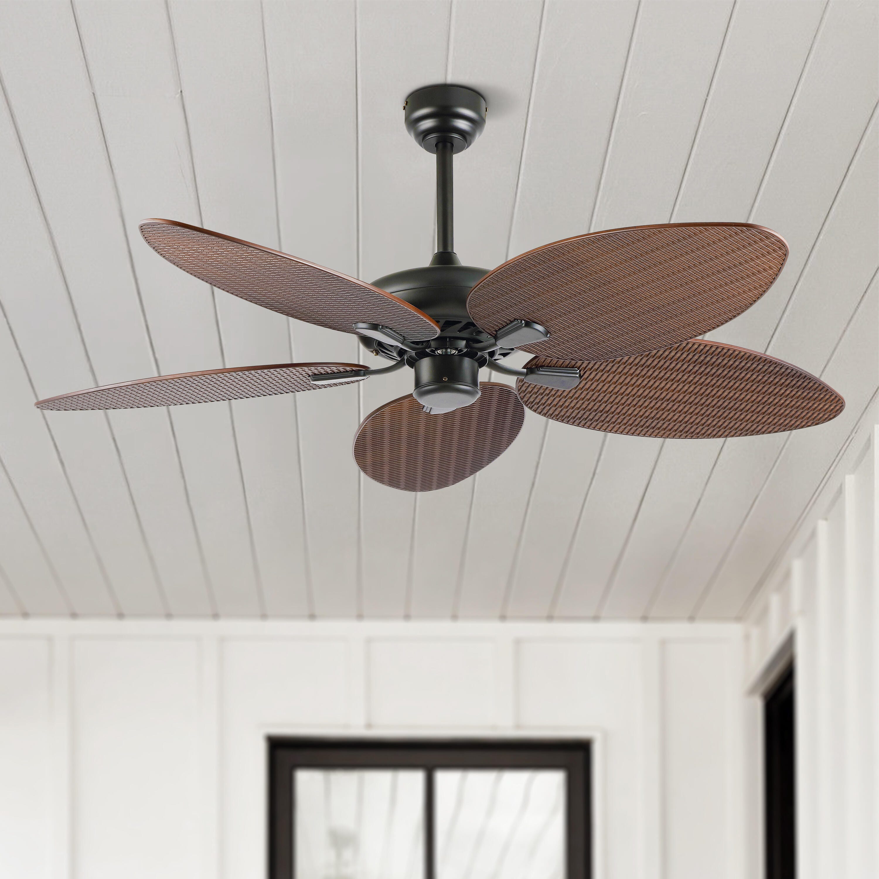 JONATHAN Y Raffles 52" Palm Blade Ceiling Fan, Black/Neutral Brown, large