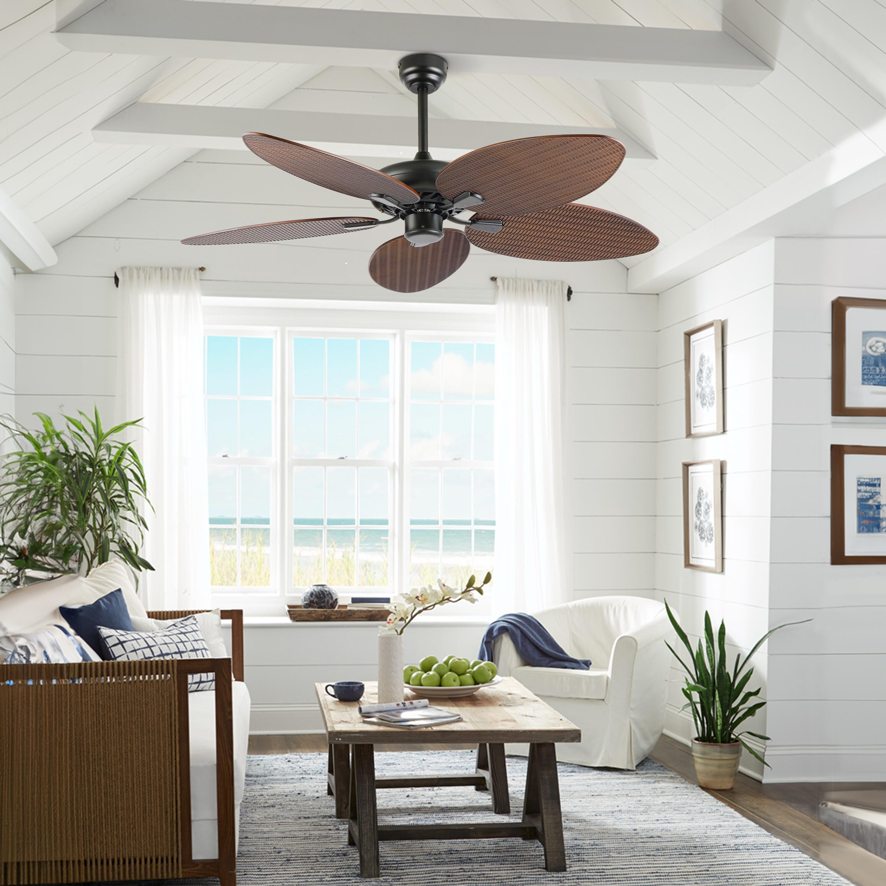 JONATHAN Y Raffles 52" Palm Blade Ceiling Fan, Black/Neutral Brown, large