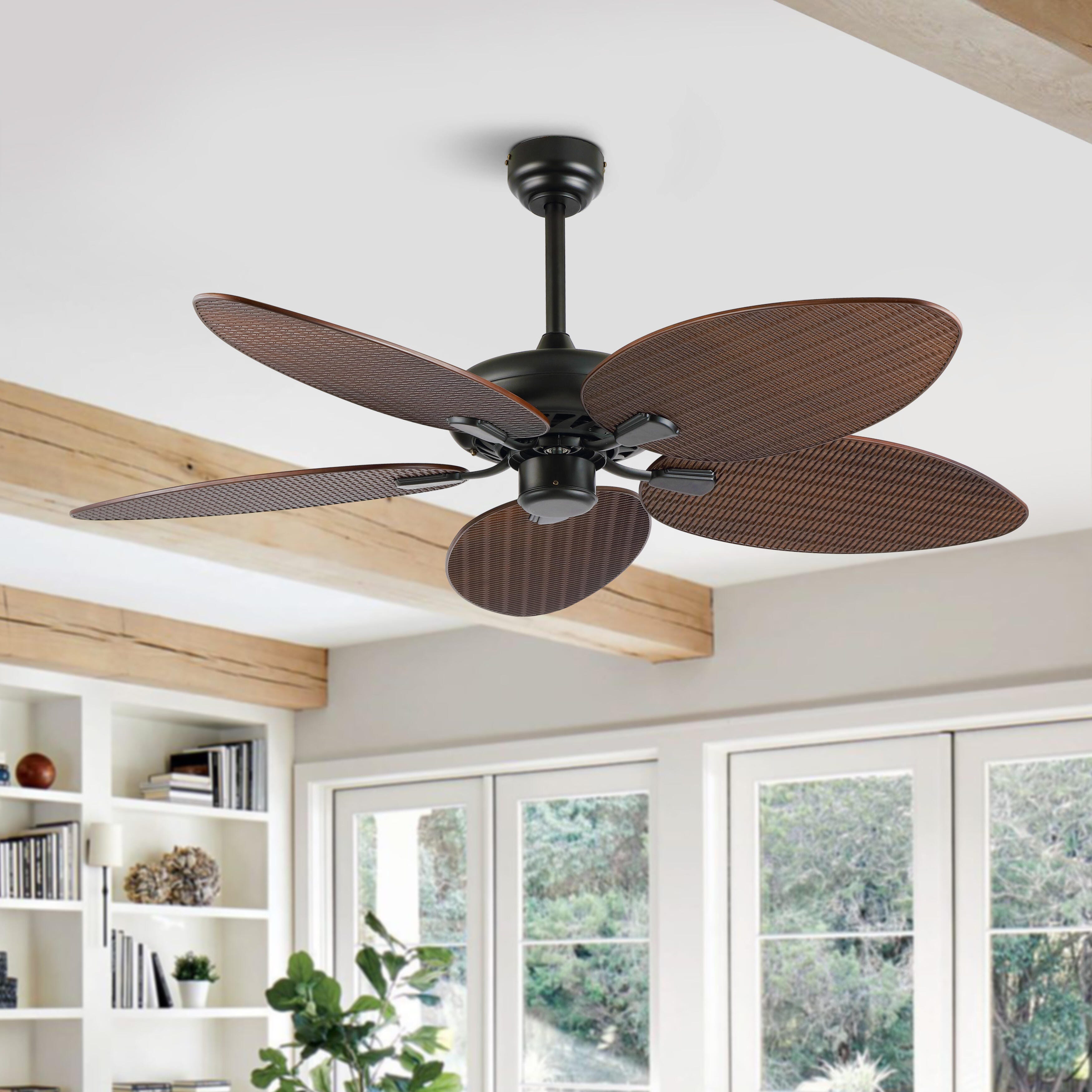 JONATHAN Y Raffles 52" Palm Blade Ceiling Fan, Black/Neutral Brown, large