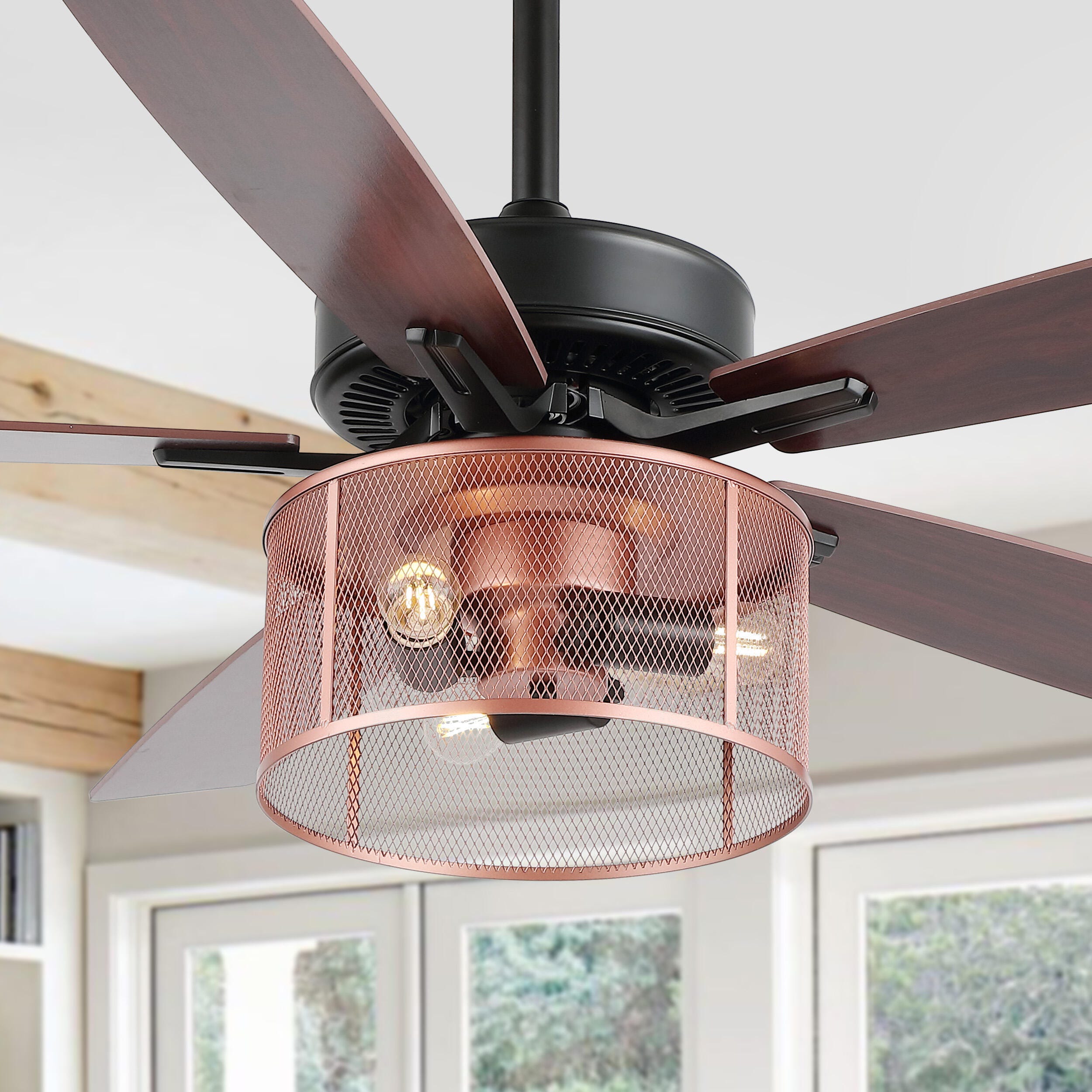 JONATHAN Y Max 52" 3-Light LED Ceiling Fan, Black/Cherry, rollover
