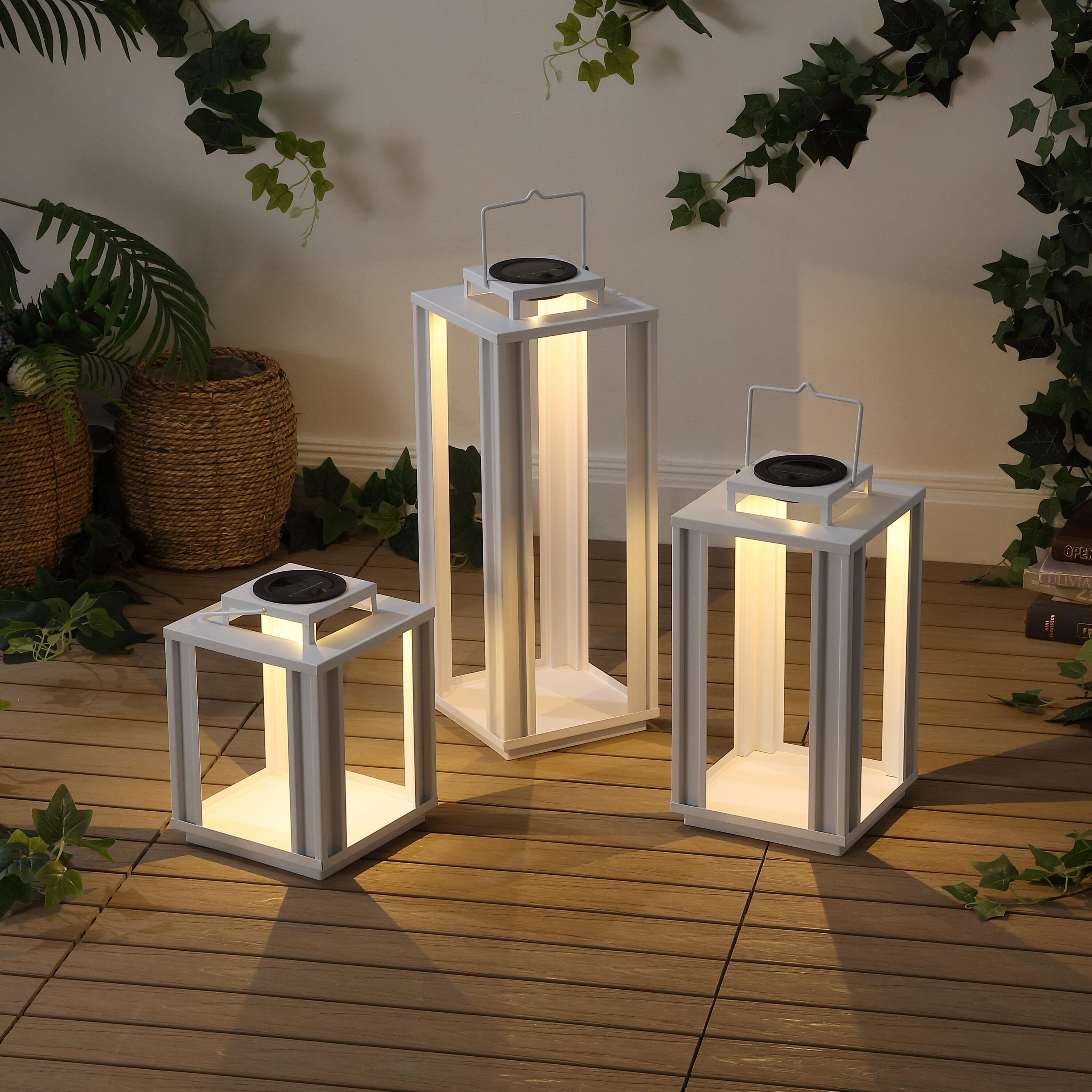 JONATHAN Y Leland 3-Piece Lantern, White, rollover