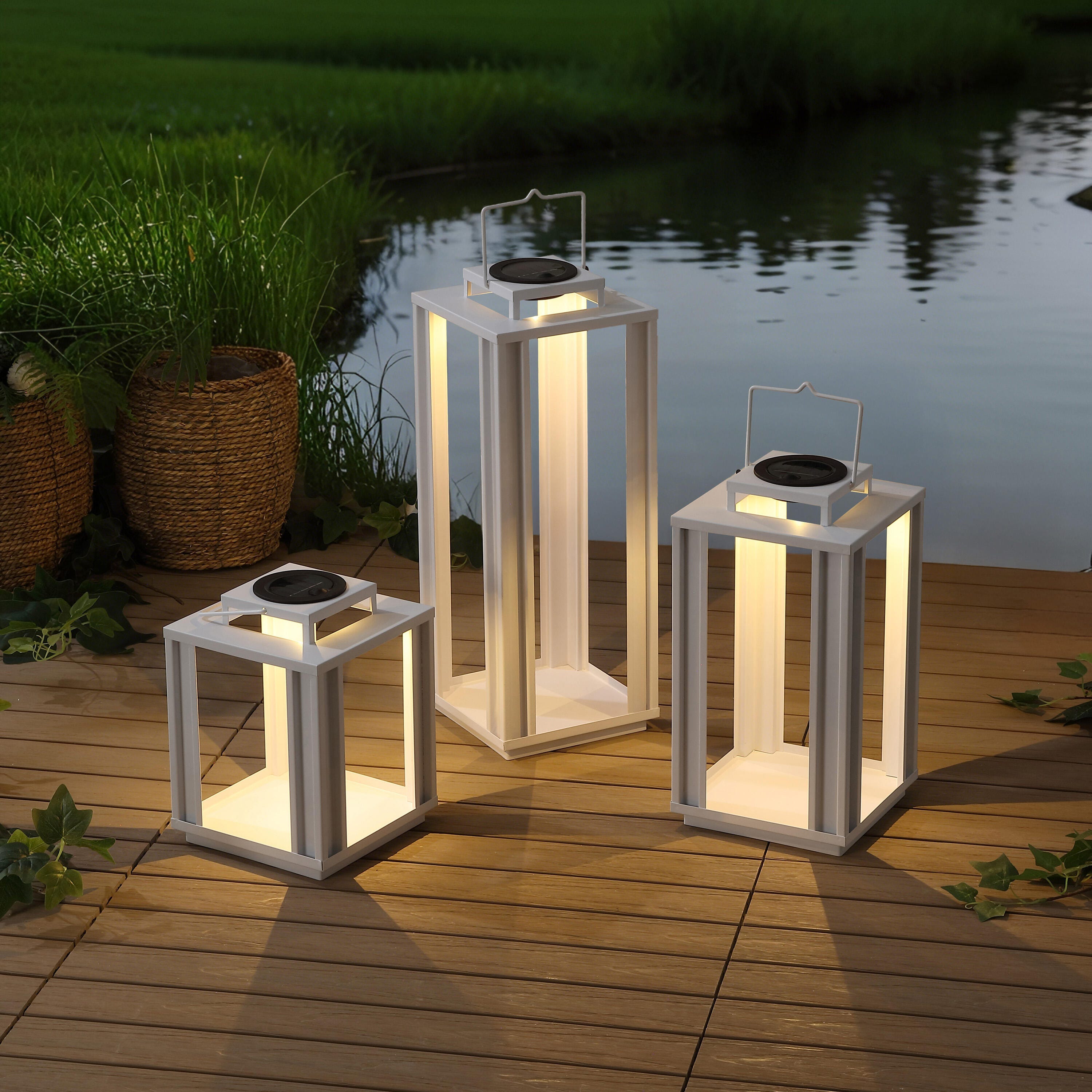 JONATHAN Y Leland 3-Piece Lantern, White, large